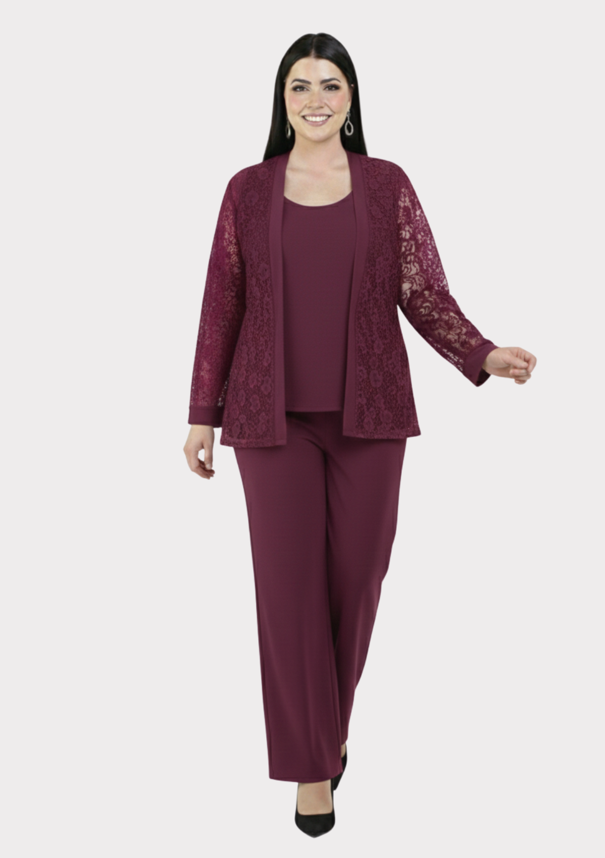 Büyük Beden Açık Mürdüm Renkli Dantel Ceketli Abiye Pantolon Bluz Takım