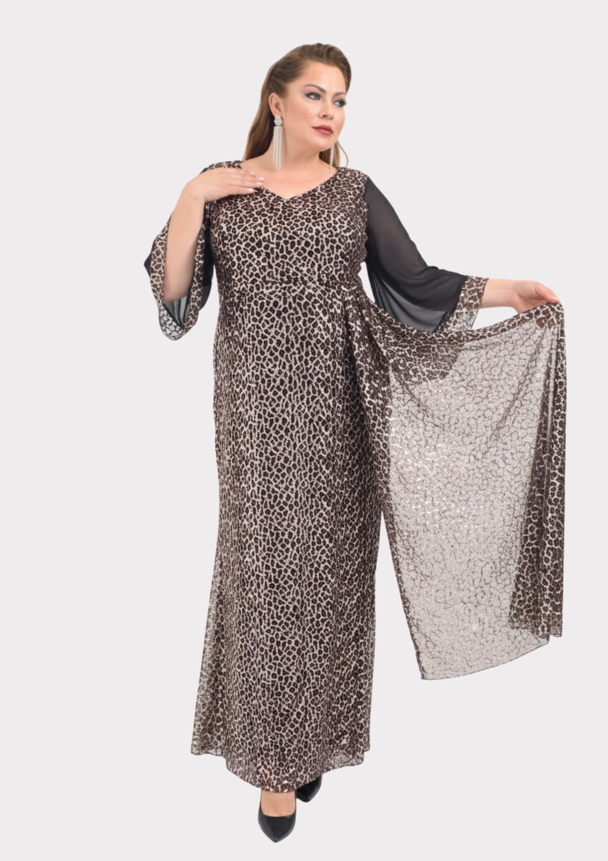 Büyük Beden Bakır Renkli Pul Payet Detaylı Uzun Abiye Elbise