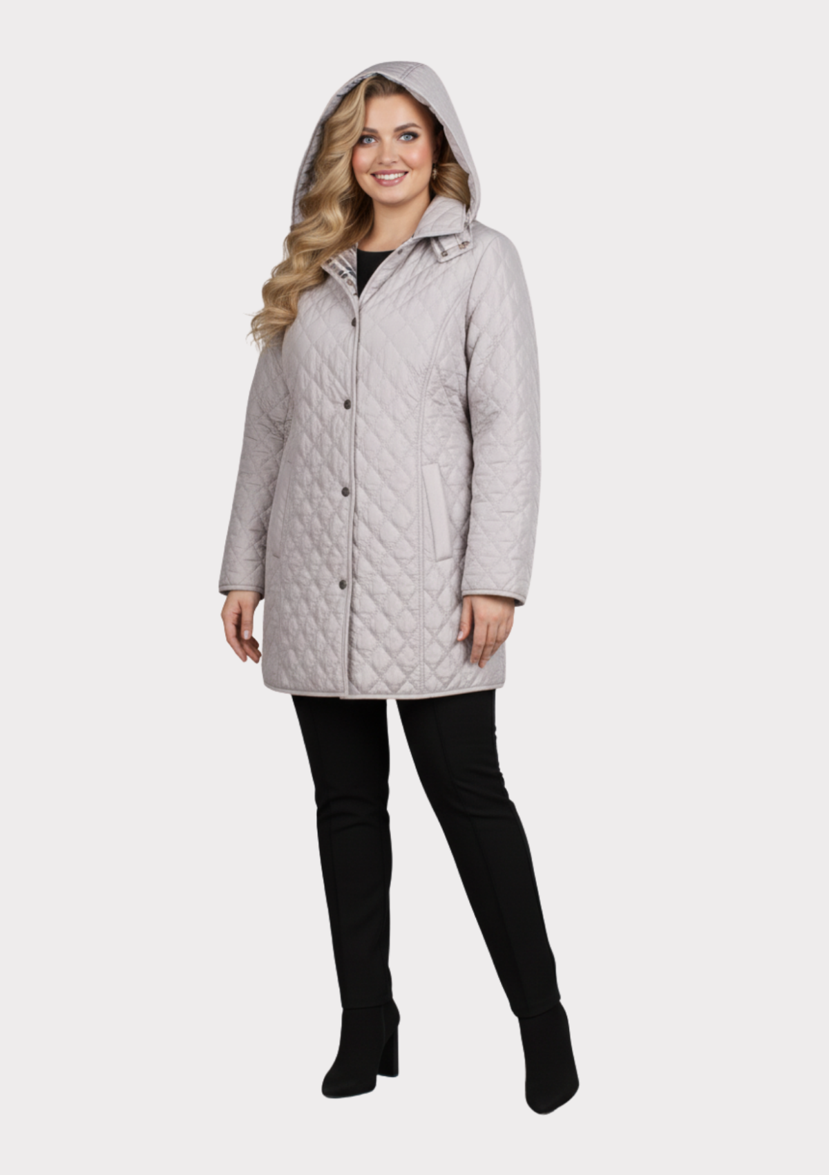 Büyük Beden Bej Renk İçi Ekose Desenli Kapitone Mont