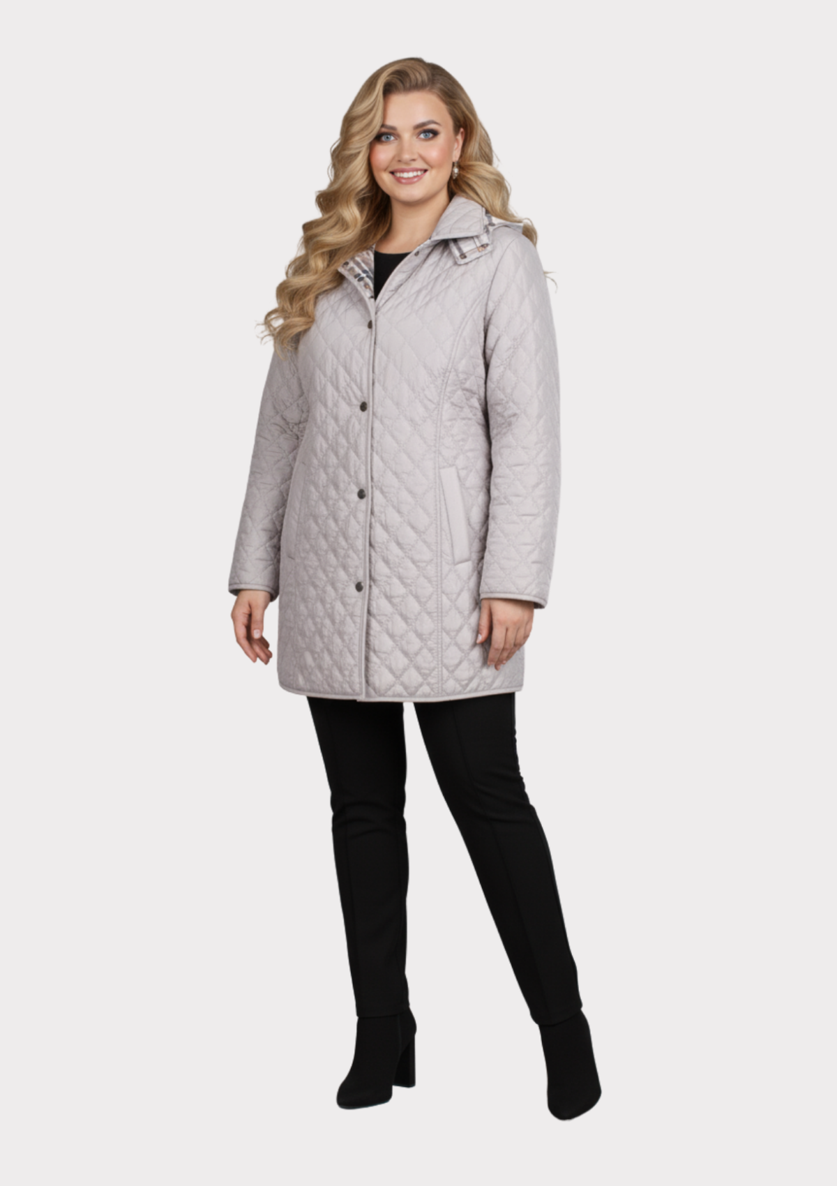 Büyük Beden Bej Renk İçi Ekose Desenli Kapitone Mont