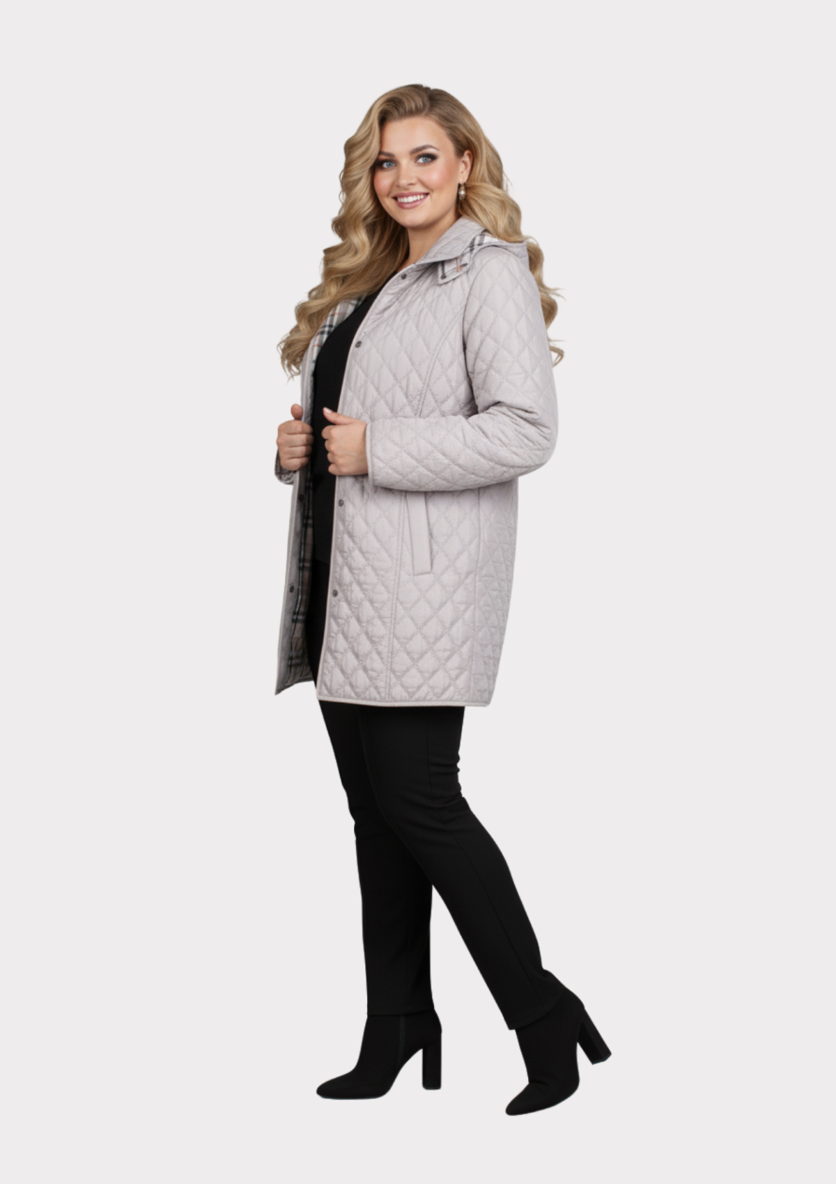 Büyük Beden Bej Renk İçi Ekose Desenli Kapitone Mont