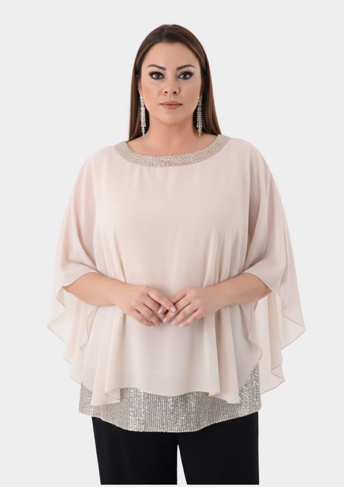 Büyük Beden Bej Renkli Şifon Abiye Bluz