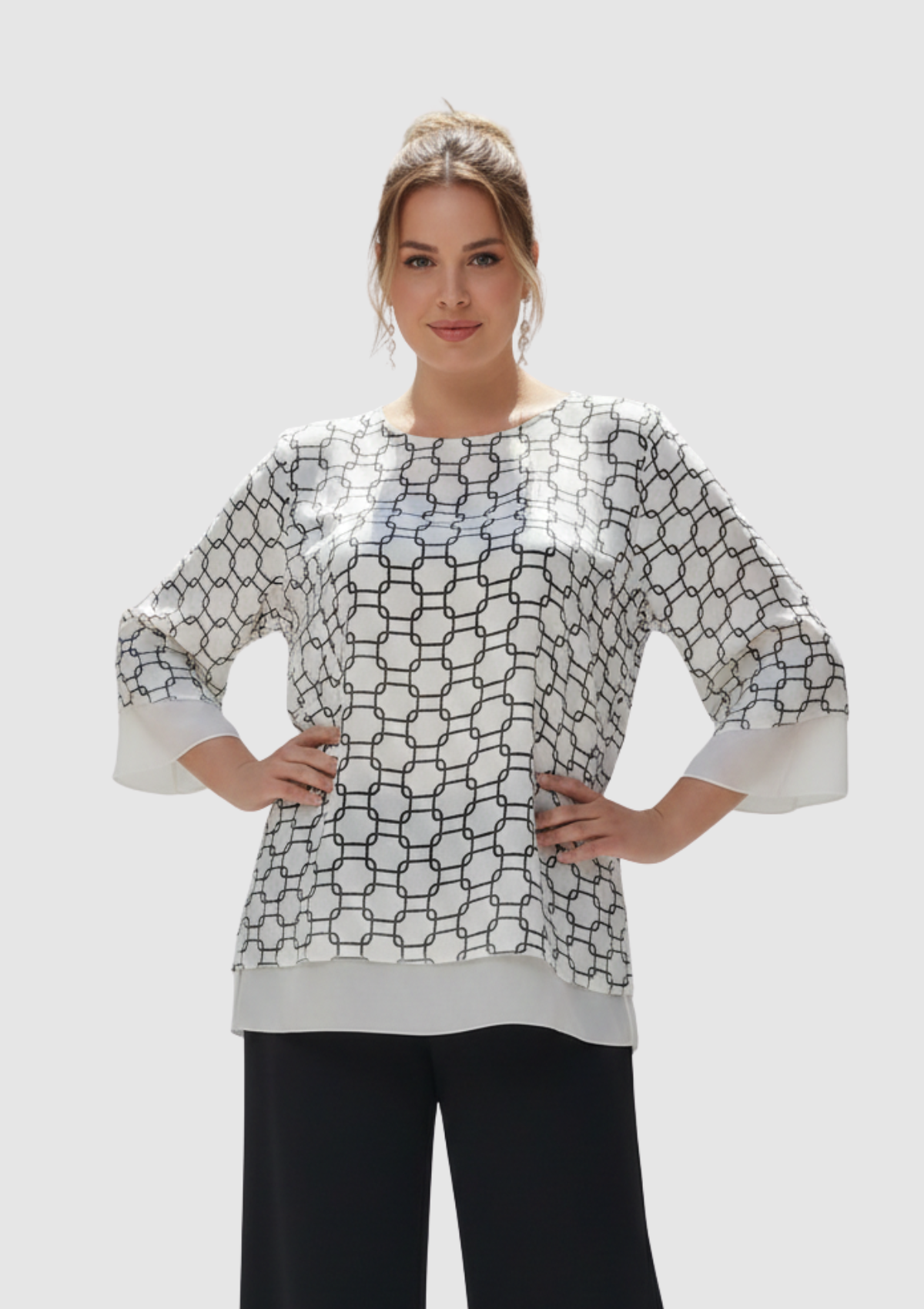 Büyük Beden Beyaz Desenli Şifon Bluz