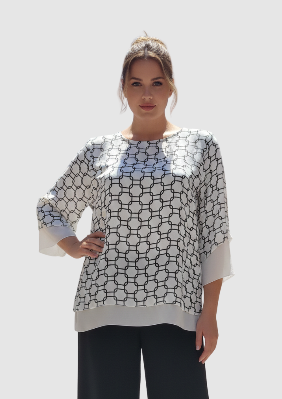 Büyük Beden Beyaz Desenli Şifon Bluz