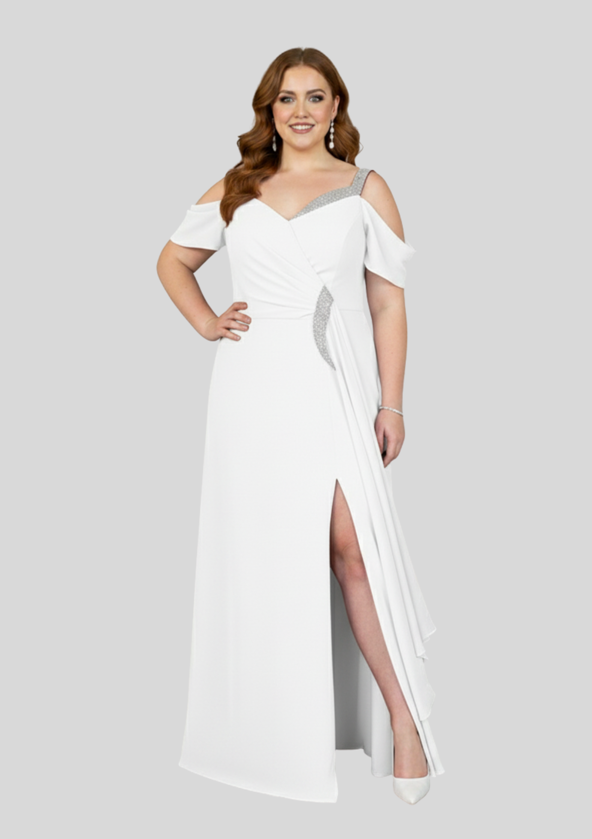 Büyük Beden Beyaz Renkli Şifon Uzun Abiye Elbise