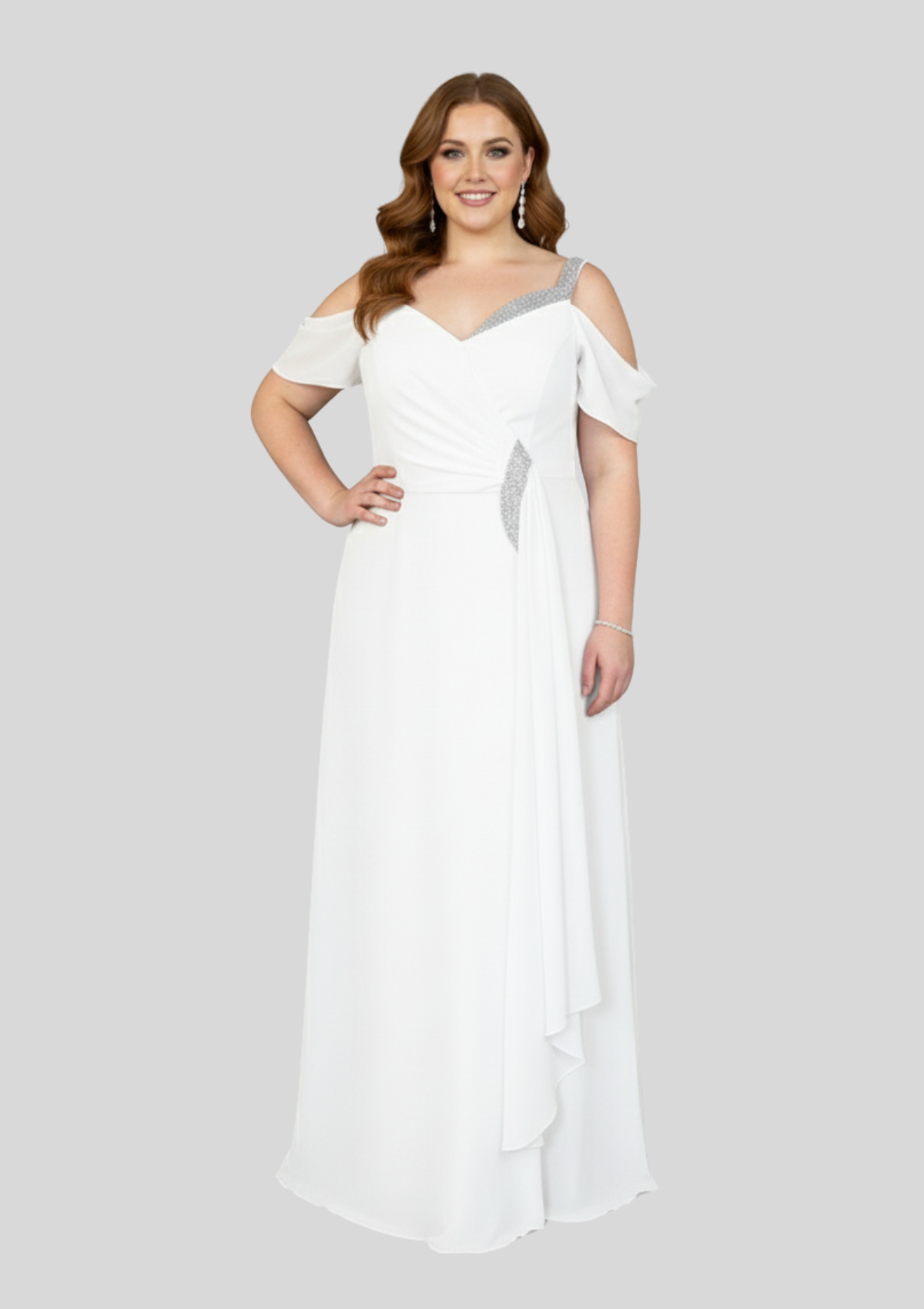 Büyük Beden Beyaz Renkli Şifon Uzun Abiye Elbise