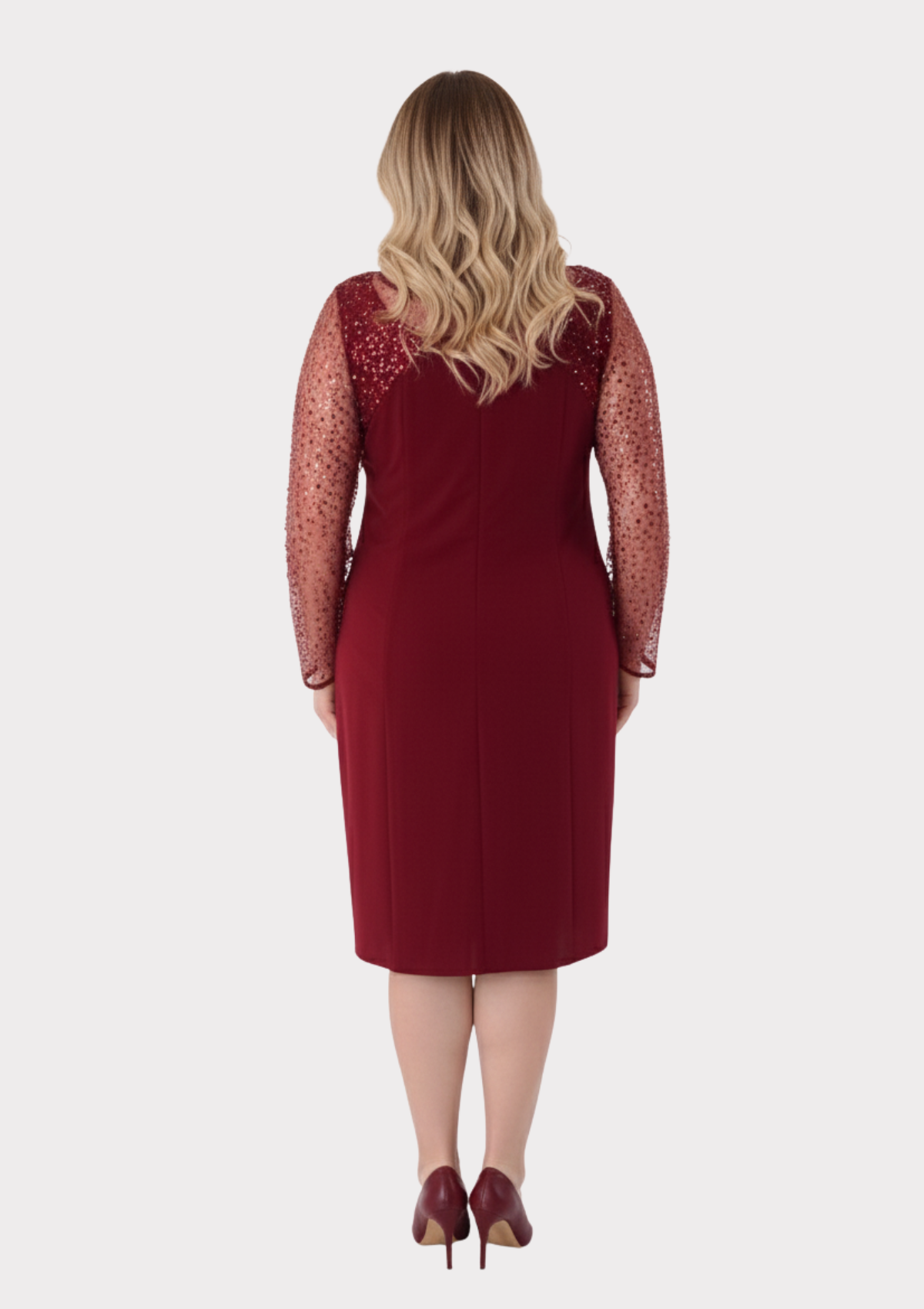 Büyük Beden Bordo Renkli Kısa Krep Abiye Elbise