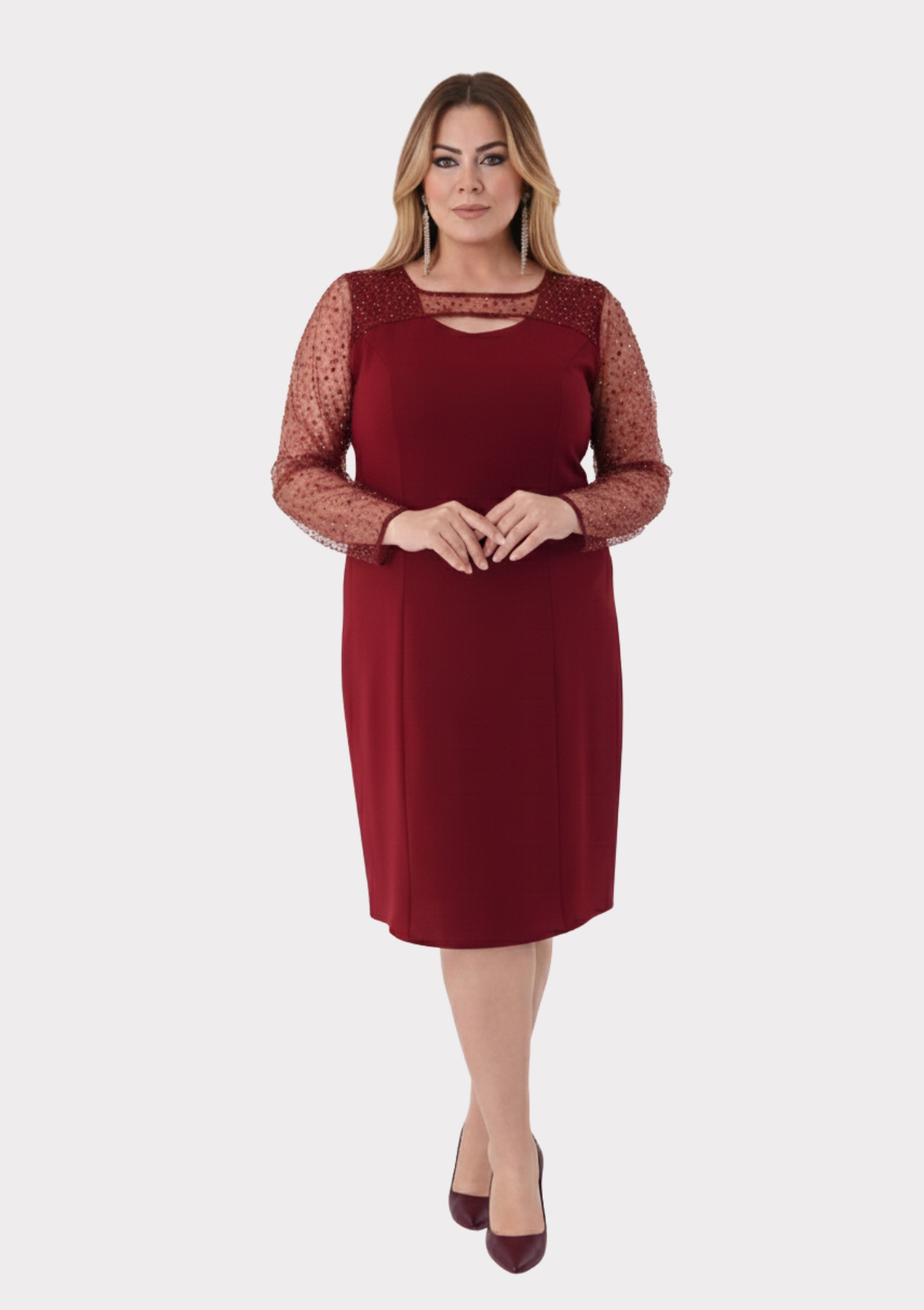 Büyük Beden Bordo Renkli Kısa Krep Abiye Elbise