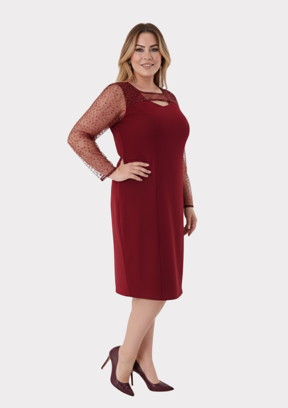 Büyük Beden Bordo Renkli Kısa Krep Abiye Elbise