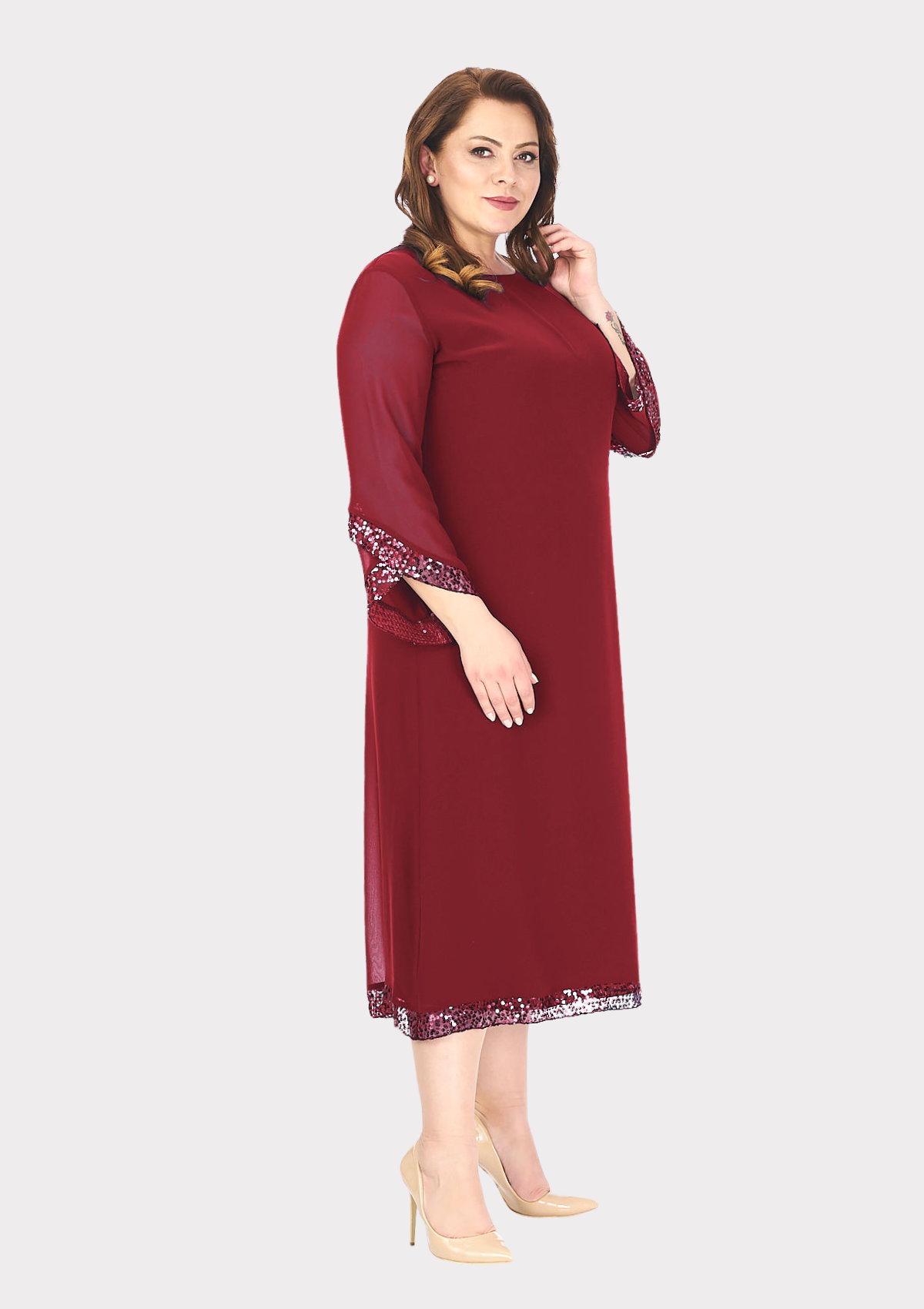 Büyük Beden Bordo Renkli Kısa Şifon Abiye Elbise