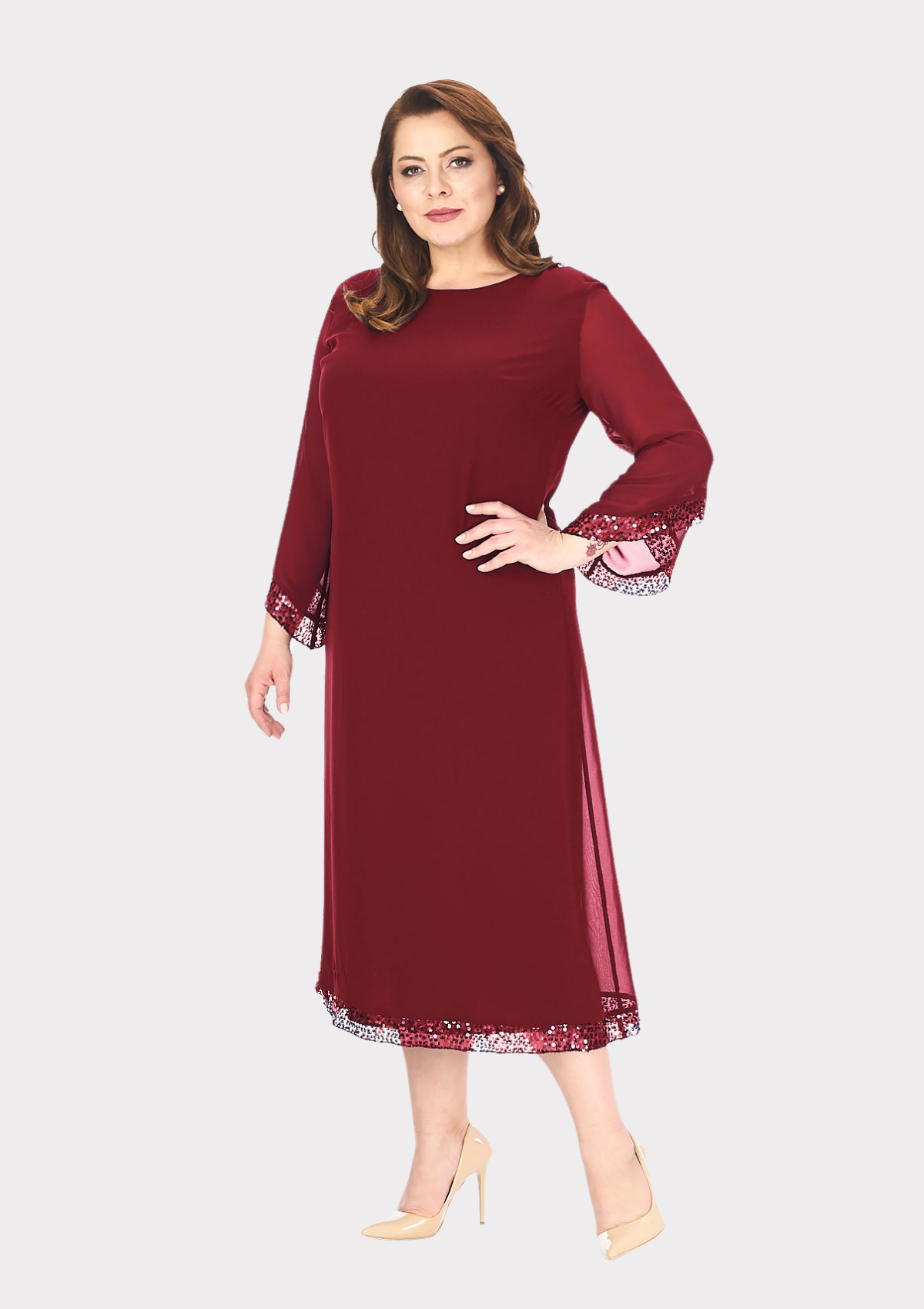 Büyük Beden Bordo Renkli Kısa Şifon Abiye Elbise