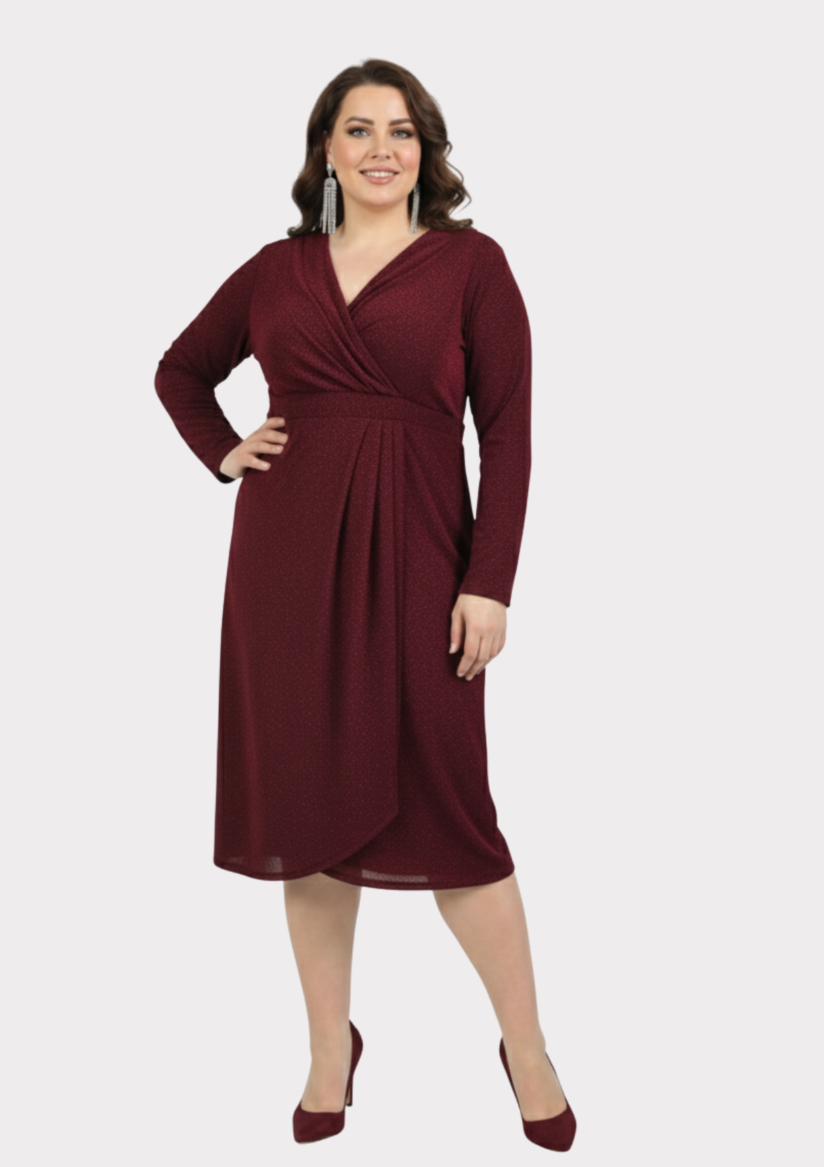 Büyük Beden Bordo Renkli Kruvaze Yaka Likralı Simli Abiye Elbise