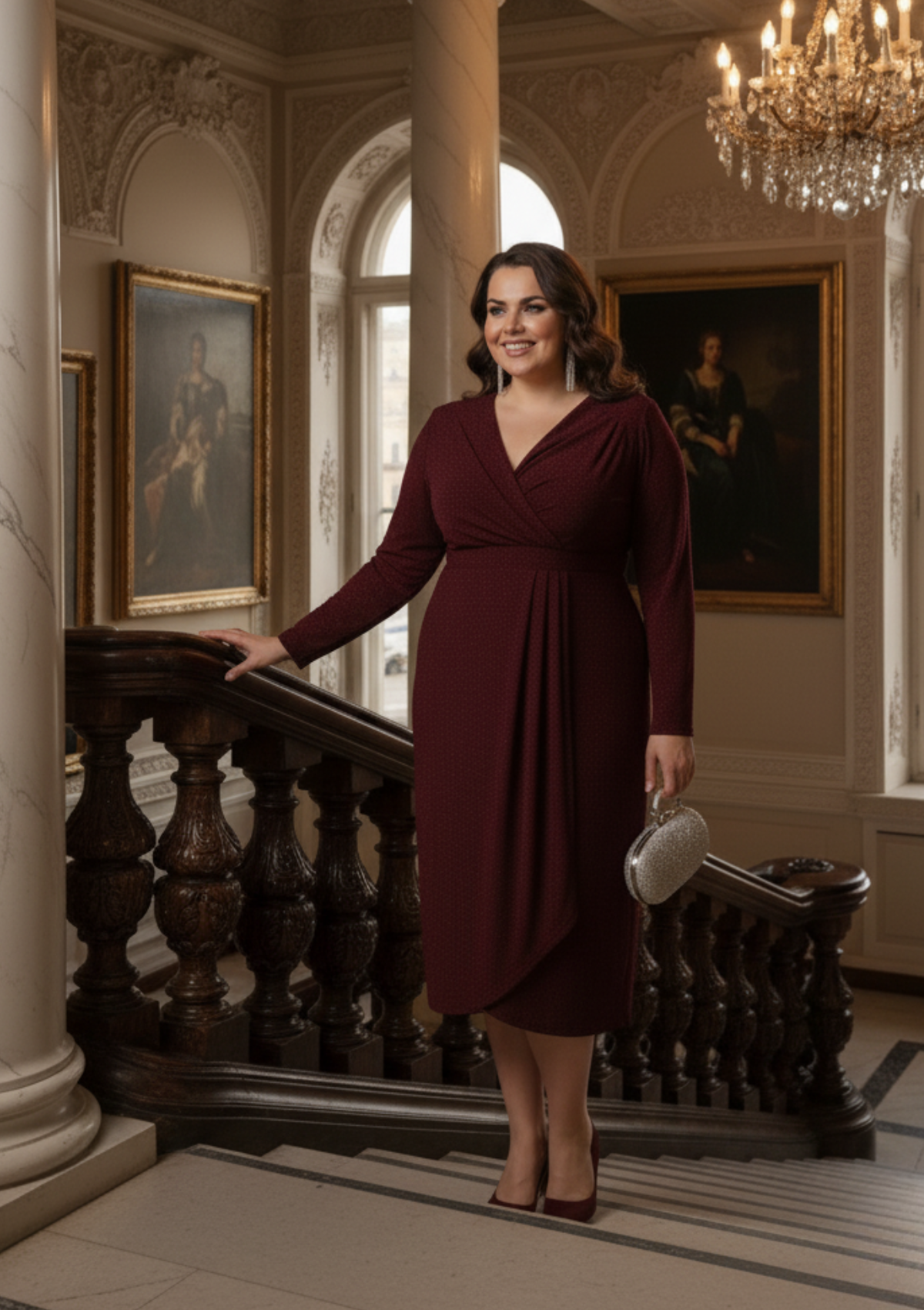 Büyük Beden Bordo Renkli Kruvaze Yaka Likralı Simli Abiye Elbise