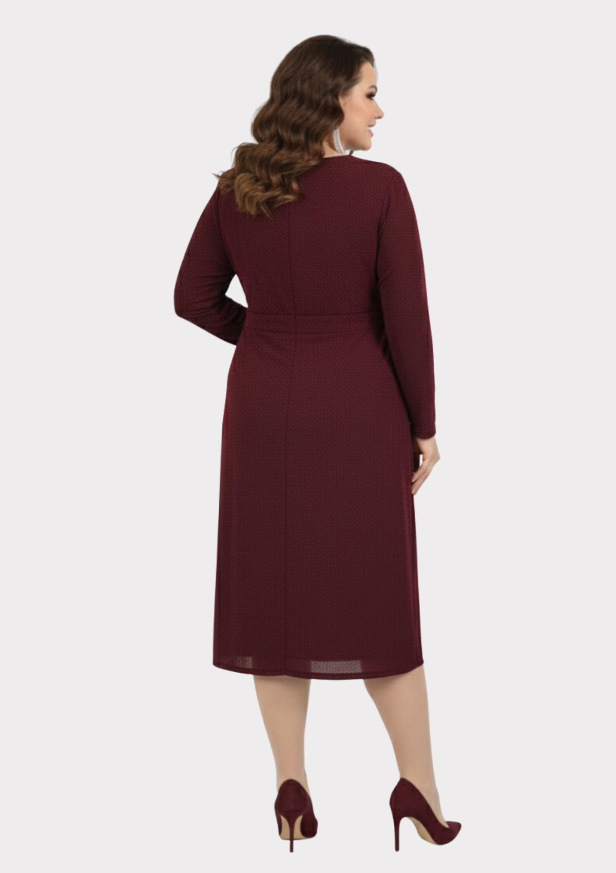 Büyük Beden Bordo Renkli Kruvaze Yaka Likralı Simli Abiye Elbise