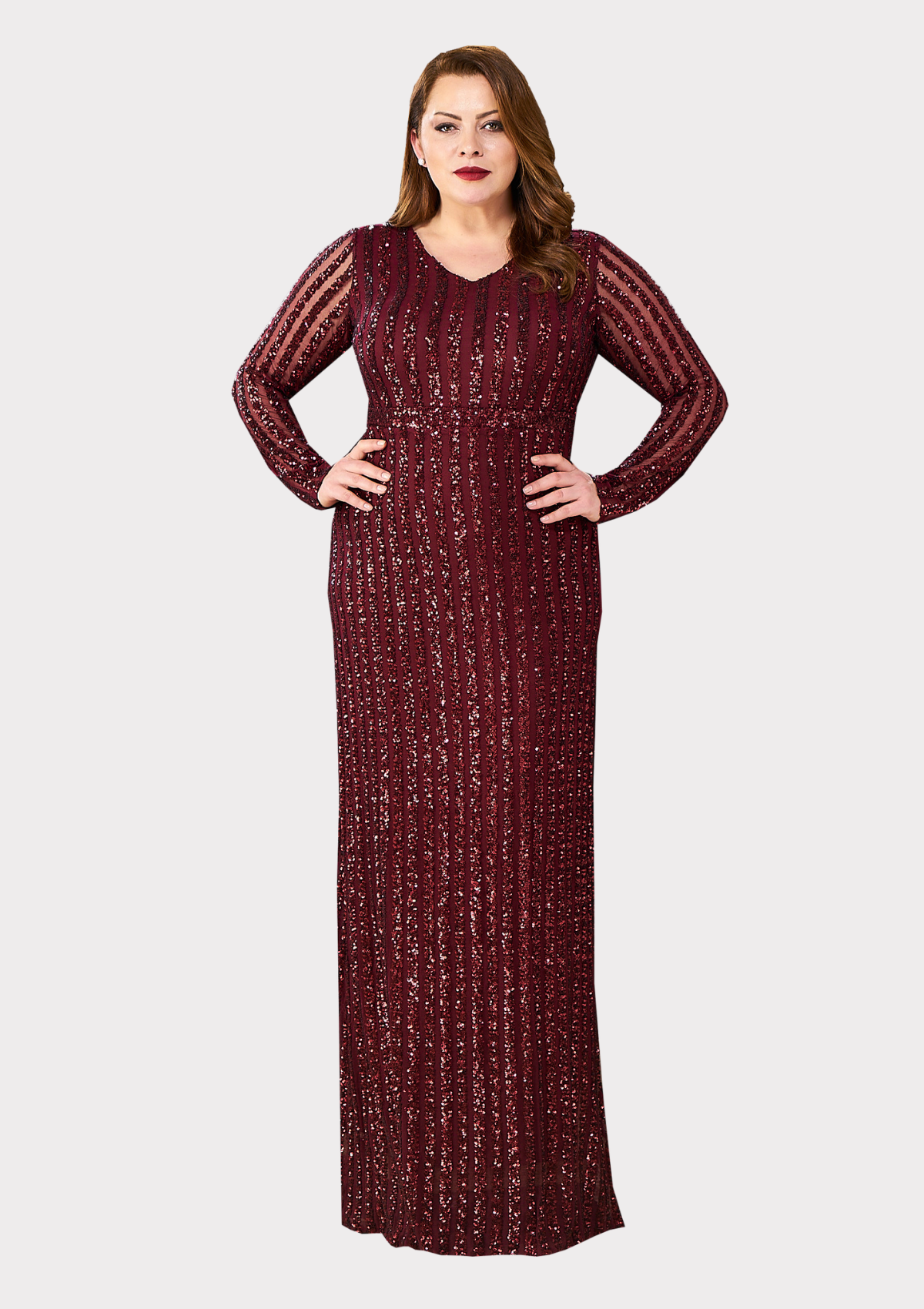 Büyük Beden Bordo Renkli Payetli Likralı Uzun Abiye