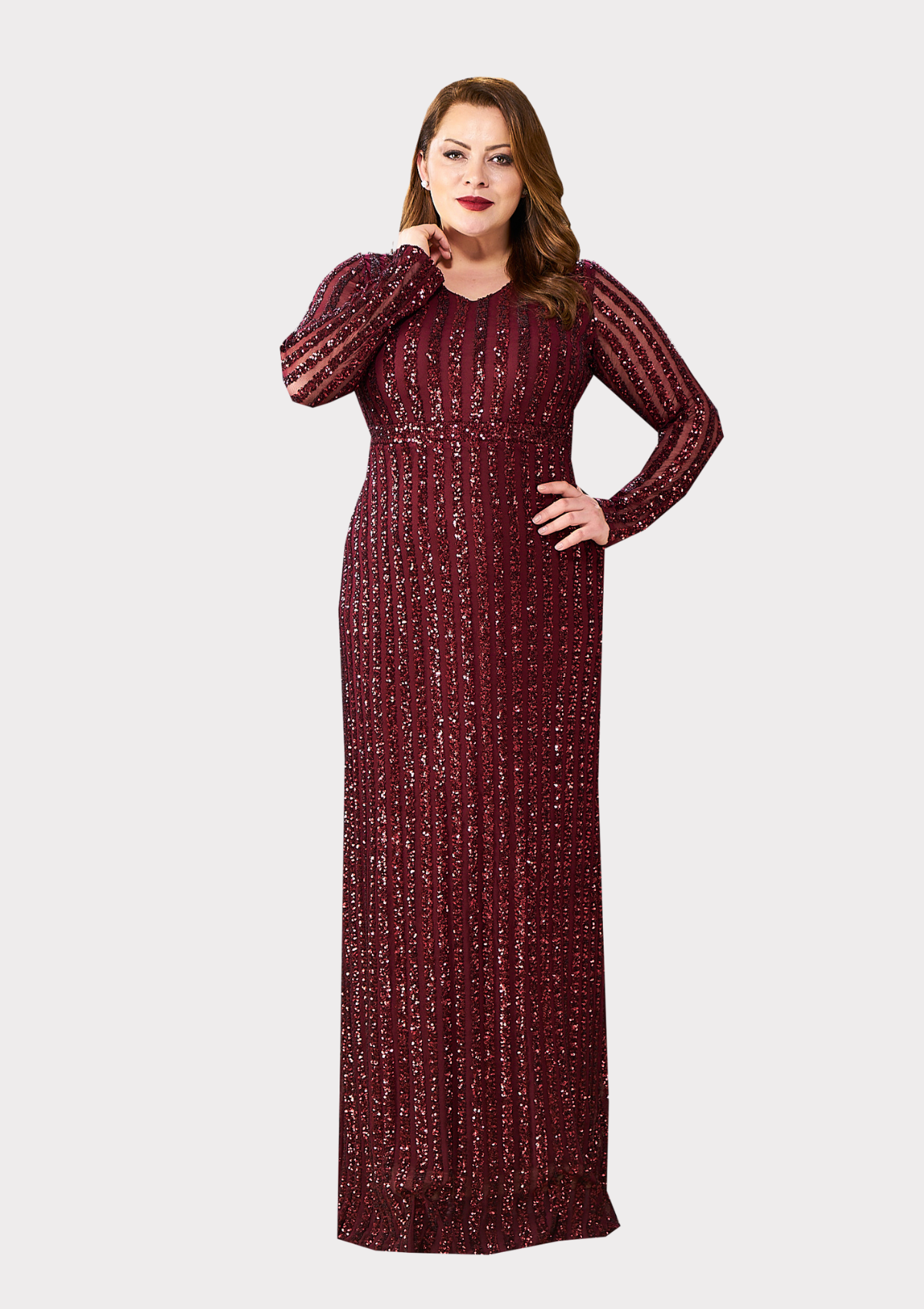 Büyük Beden Bordo Renkli Payetli Likralı Uzun Abiye