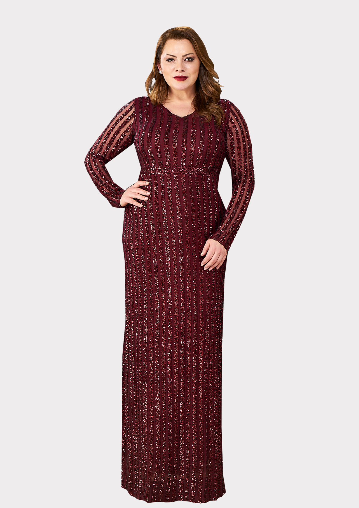 Büyük Beden Bordo Renkli Payetli Likralı Uzun Abiye