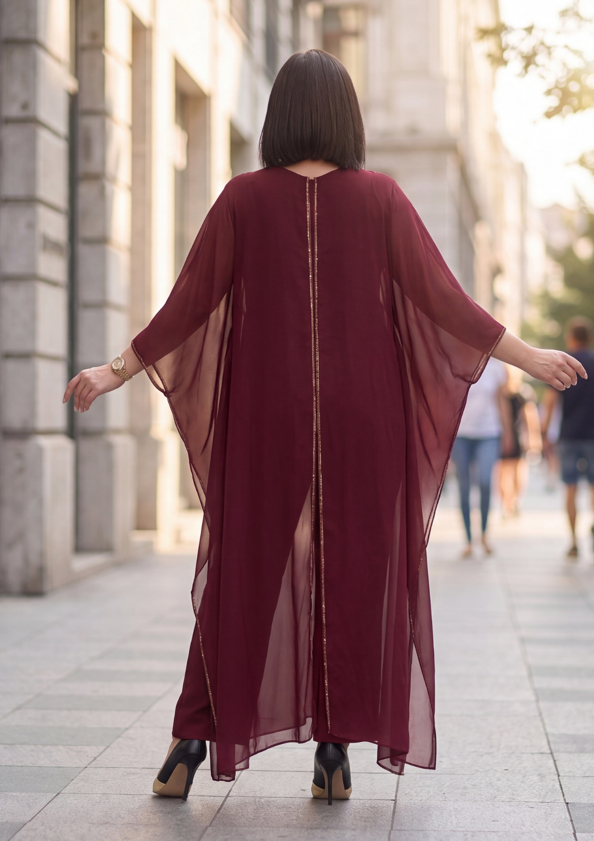 Büyük Beden Bordo Renkli Pelerin Detaylı Abiye Tulum