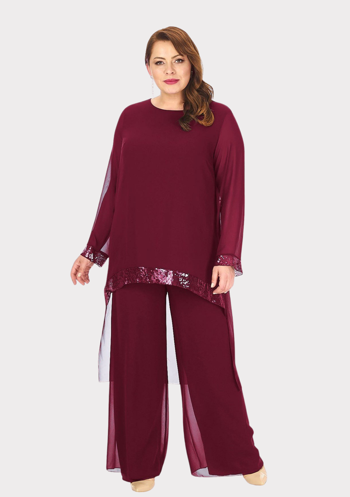 Büyük Beden Bordo Renkli Şifon Abiye Pantolon Bluz Takım