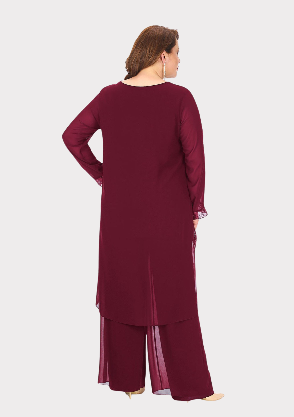 Büyük Beden Bordo Renkli Şifon Abiye Pantolon Bluz Takım