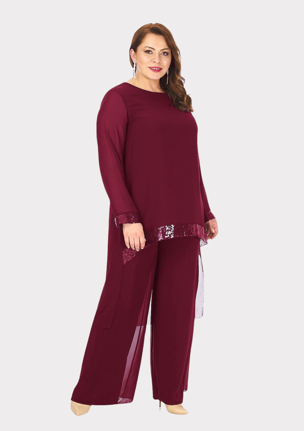 Büyük Beden Bordo Renkli Şifon Abiye Pantolon Bluz Takım
