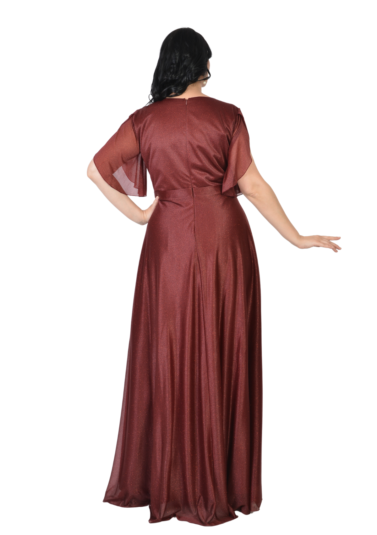 Büyük Beden Bordo Renkli Simli Uzun Elbise