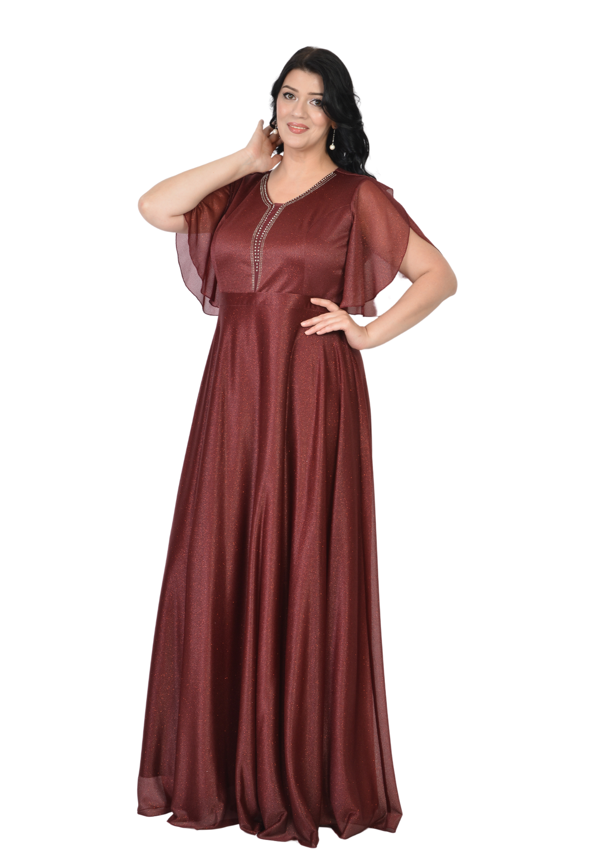 Büyük Beden Bordo Renkli Simli Uzun Elbise