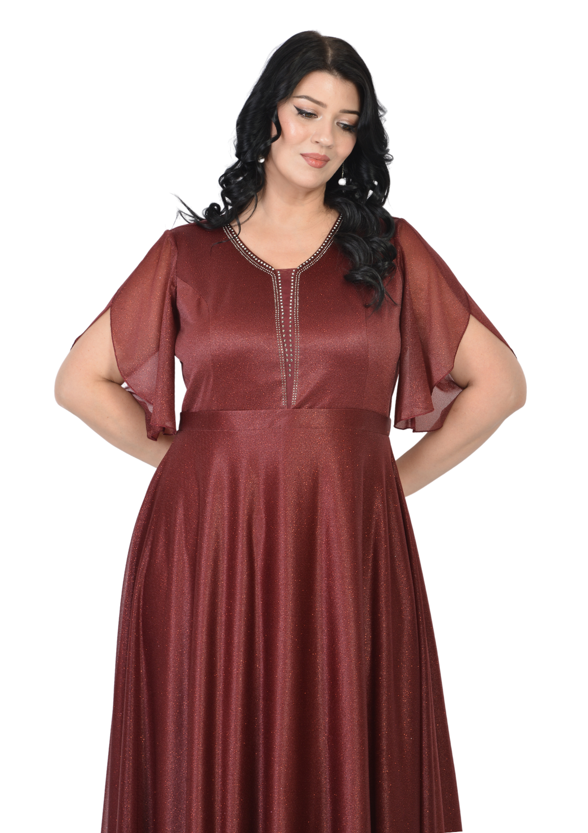 Büyük Beden Bordo Renkli Simli Uzun Elbise