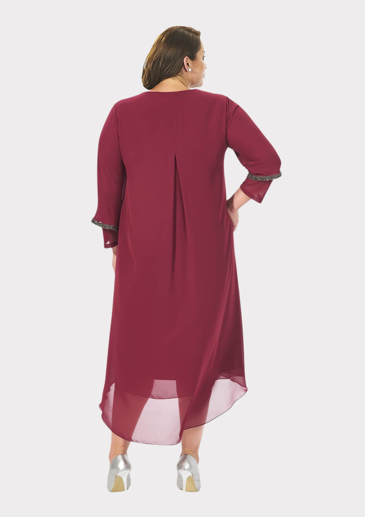 Büyük Beden Bordo Renkli Taş Baskılı Kısa Abiye Elbise