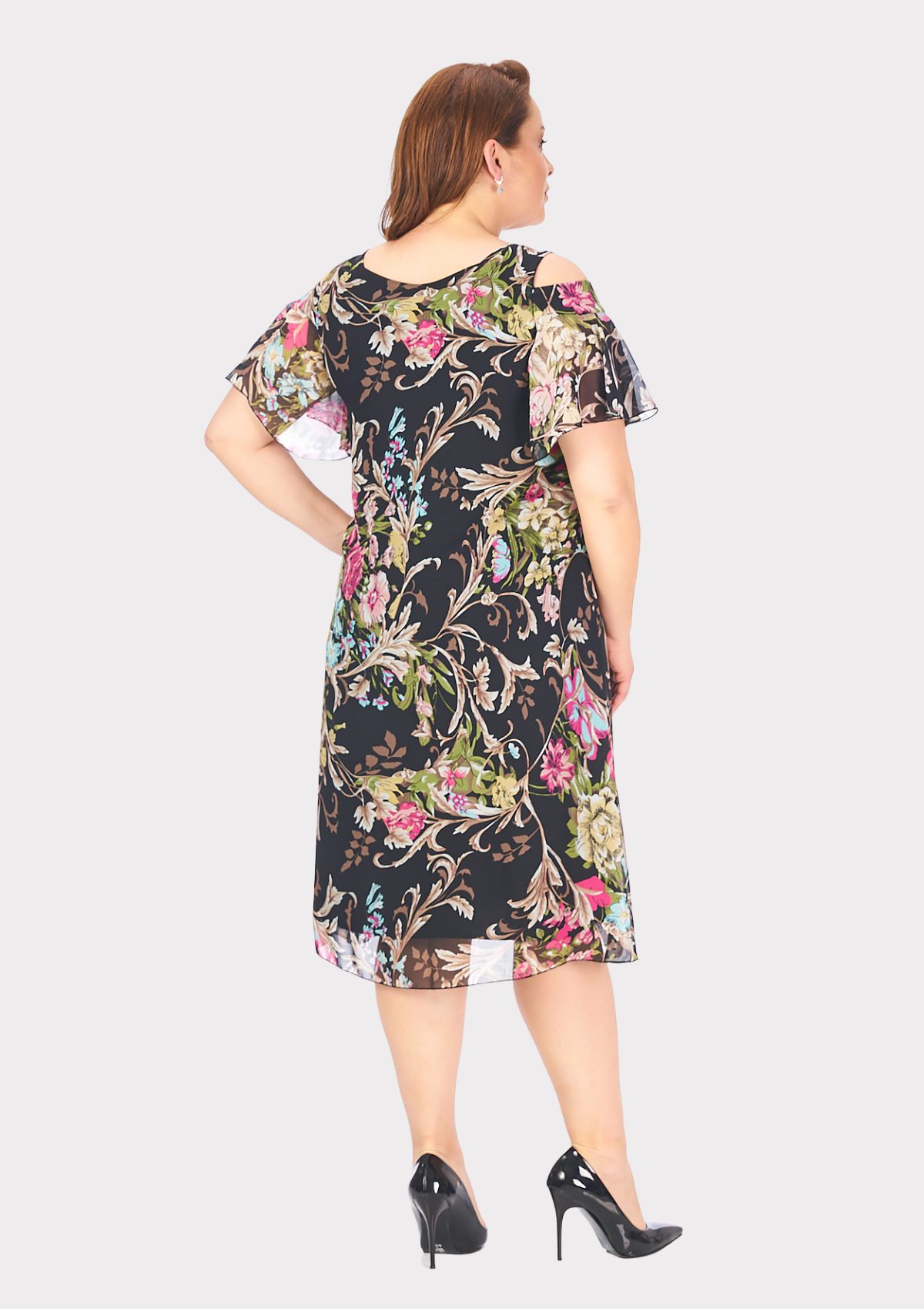 Büyük Beden Çalı Desenli Şifon Abiye Elbise