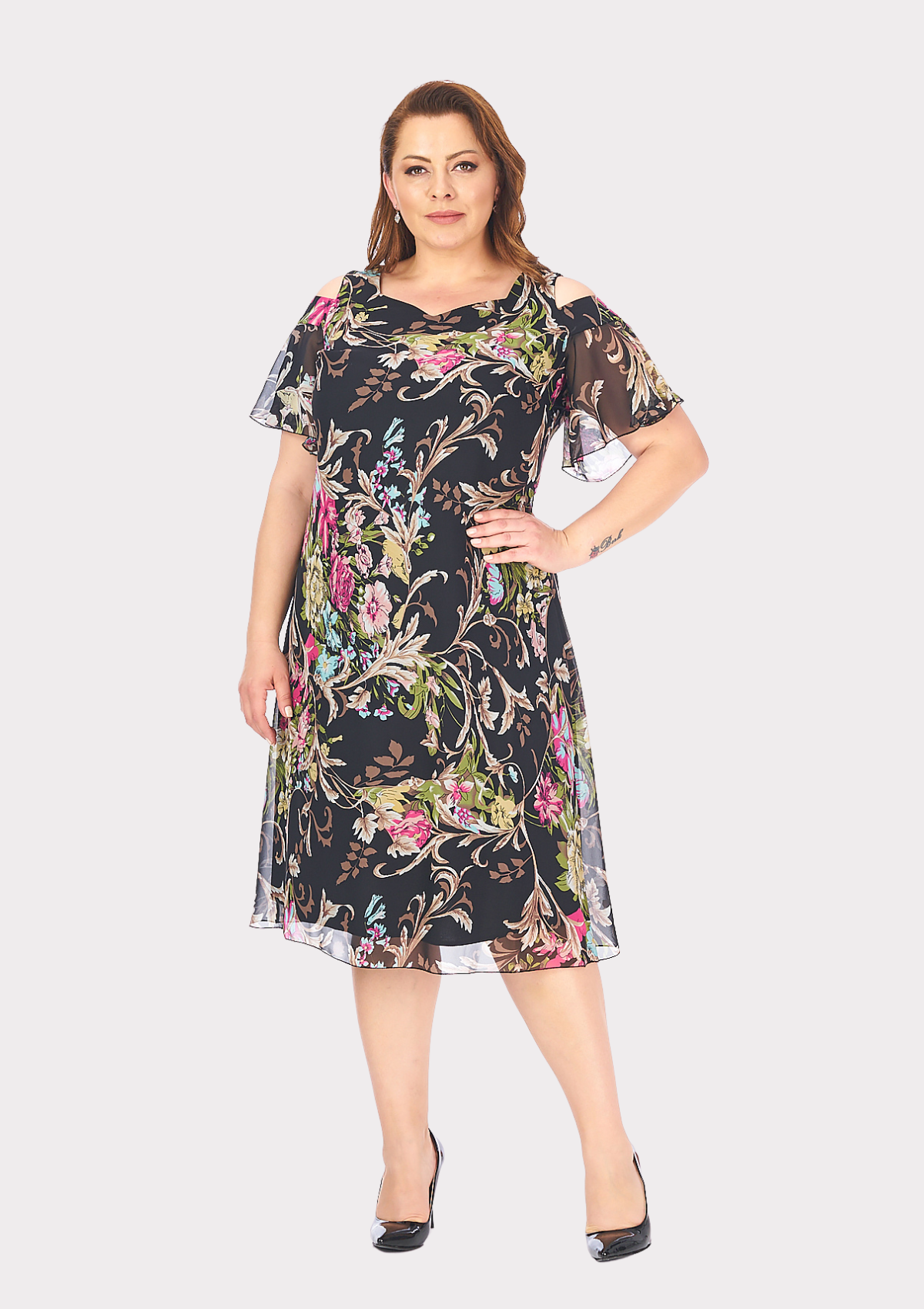 Büyük Beden Çalı Desenli Şifon Abiye Elbise