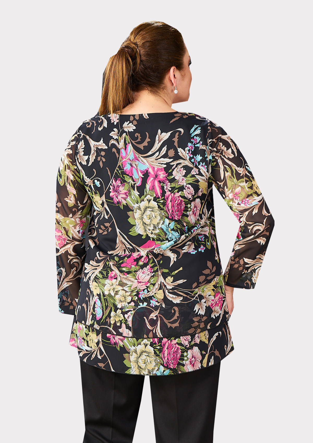 Büyük Beden Çalı Desenli Şifon Tunik