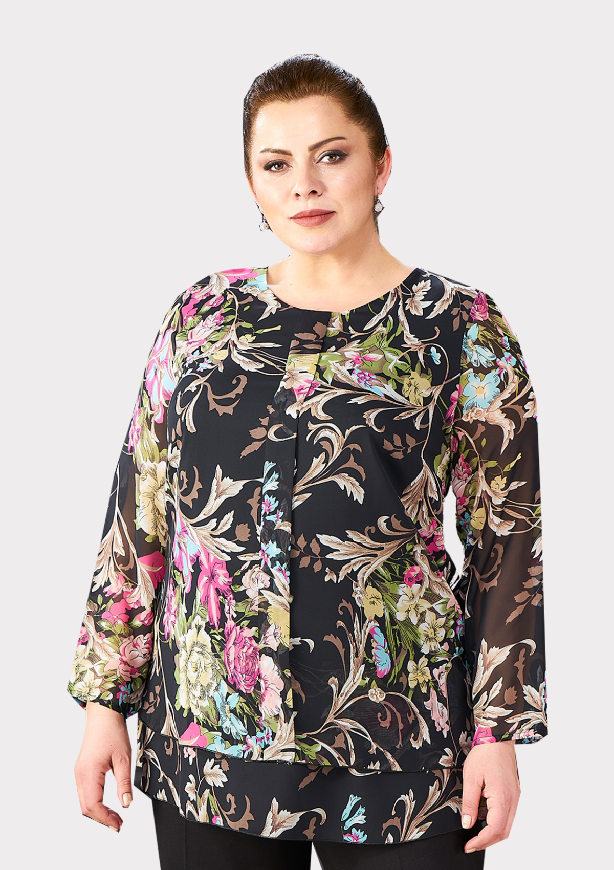 Büyük Beden Çalı Desenli Şifon Tunik