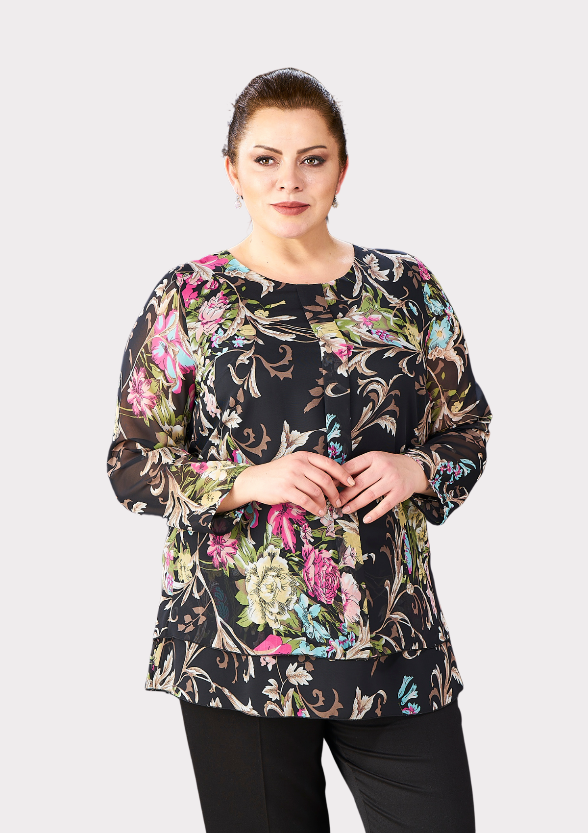 Büyük Beden Çalı Desenli Şifon Tunik