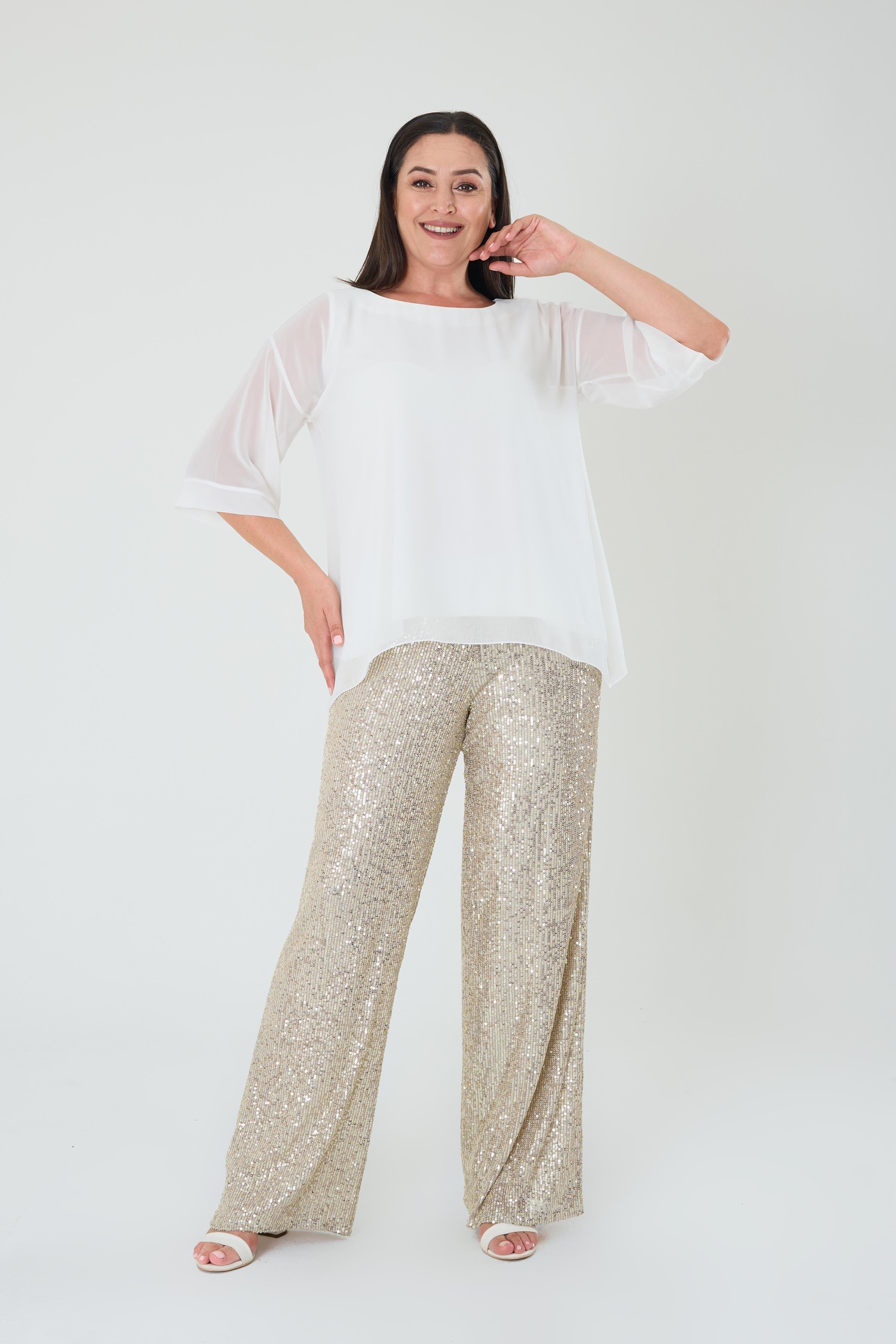 Büyük Beden Ekru Renkli Şifon Abiye Bluz