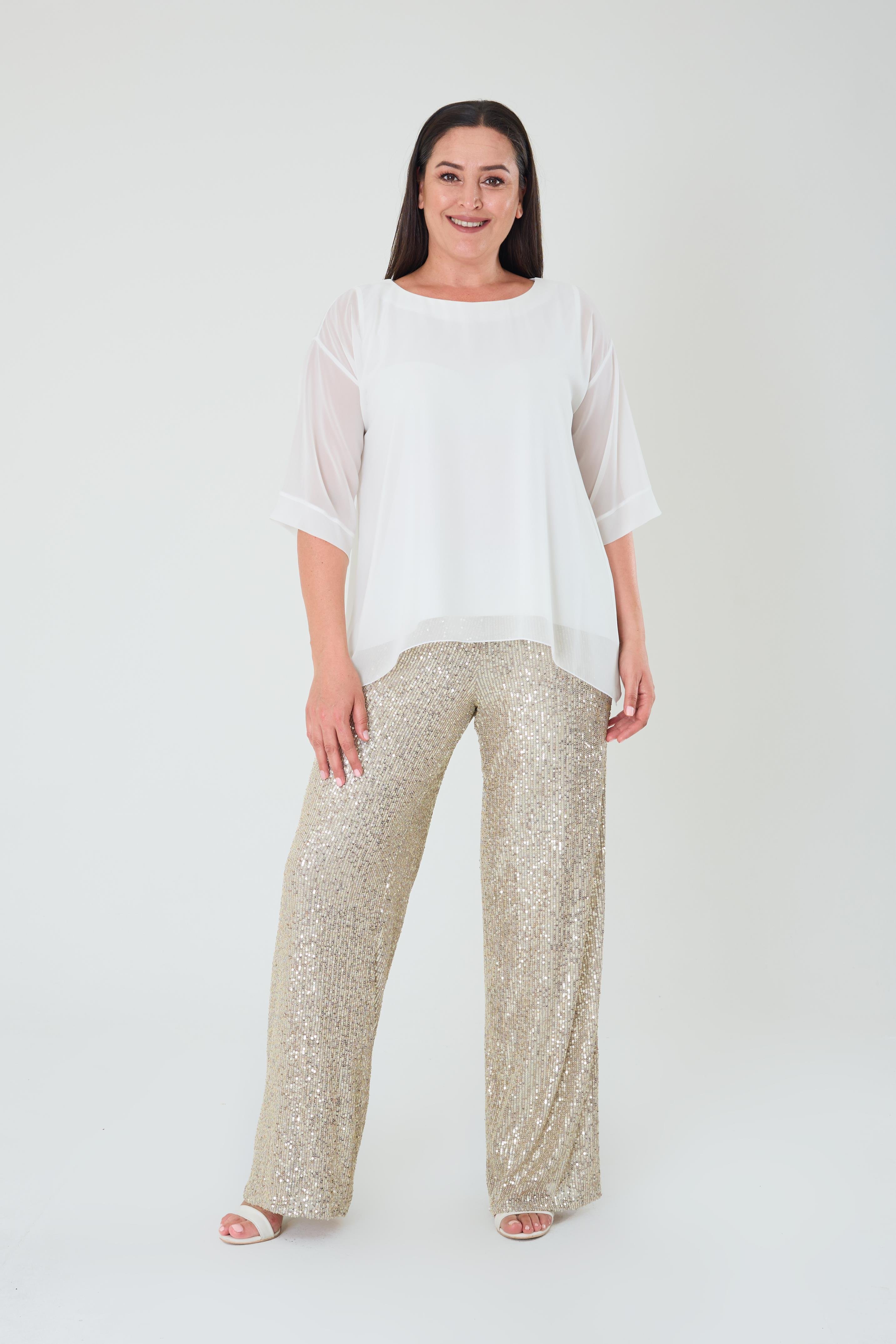 Büyük Beden Ekru Renkli Şifon Abiye Bluz