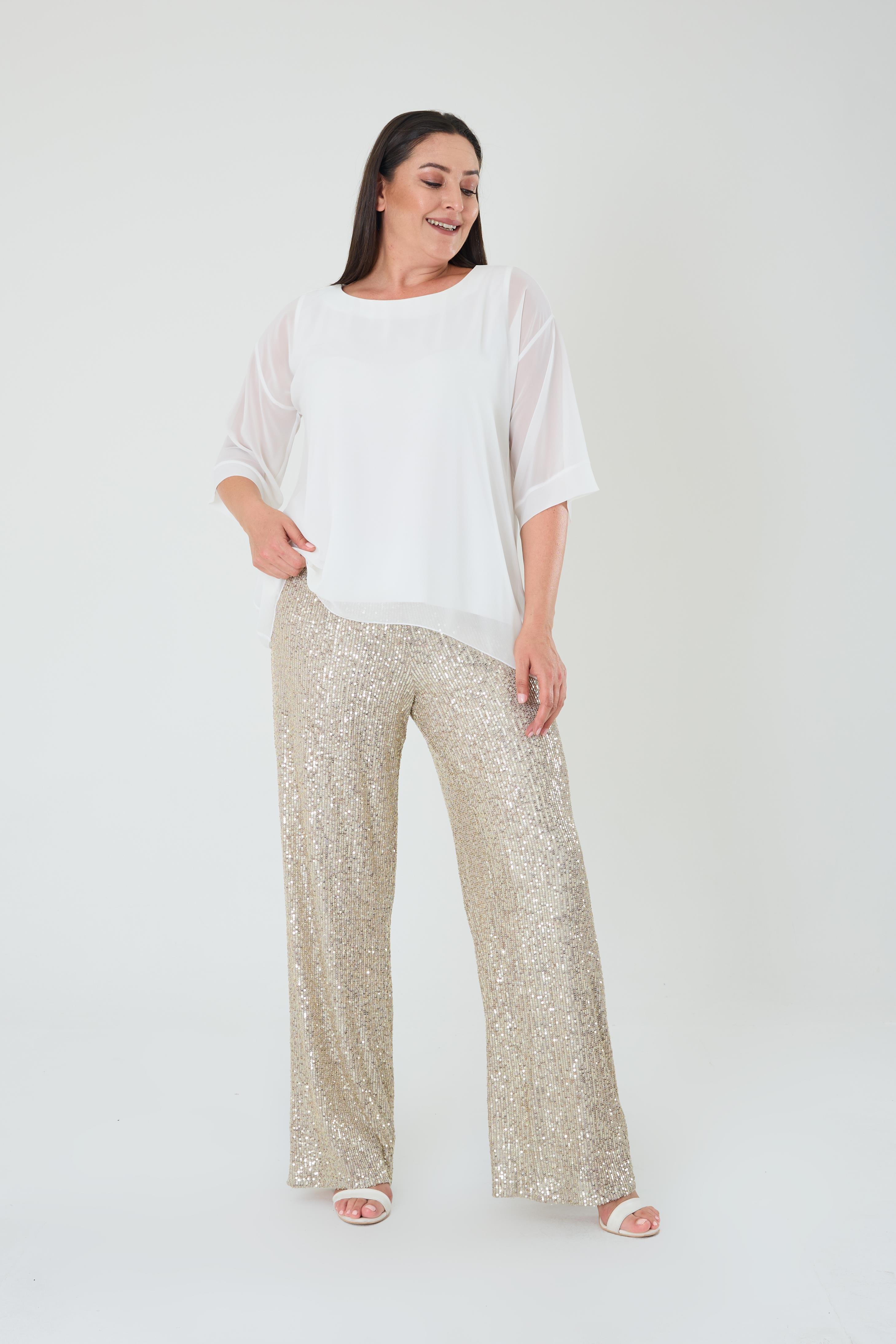 Büyük Beden Ekru Renkli Şifon Abiye Bluz