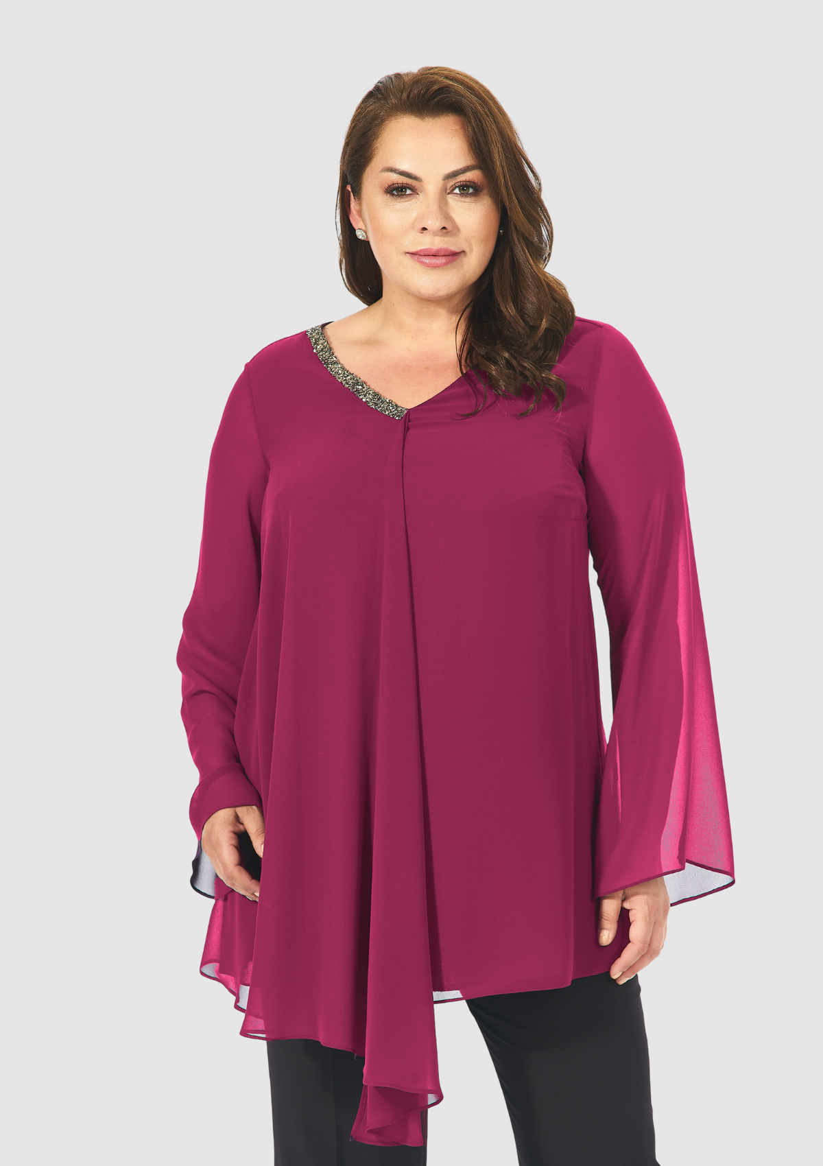 Büyük Beden Fuşya Renkli  Şifon  Abiye Bluz