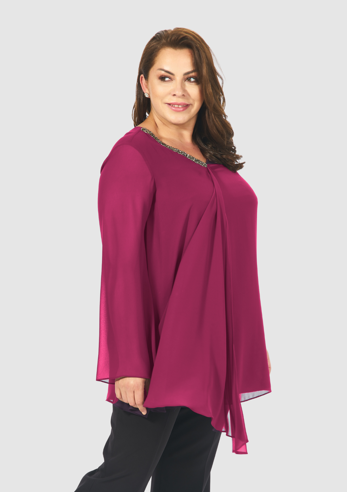 Büyük Beden Fuşya Renkli  Şifon  Abiye Bluz