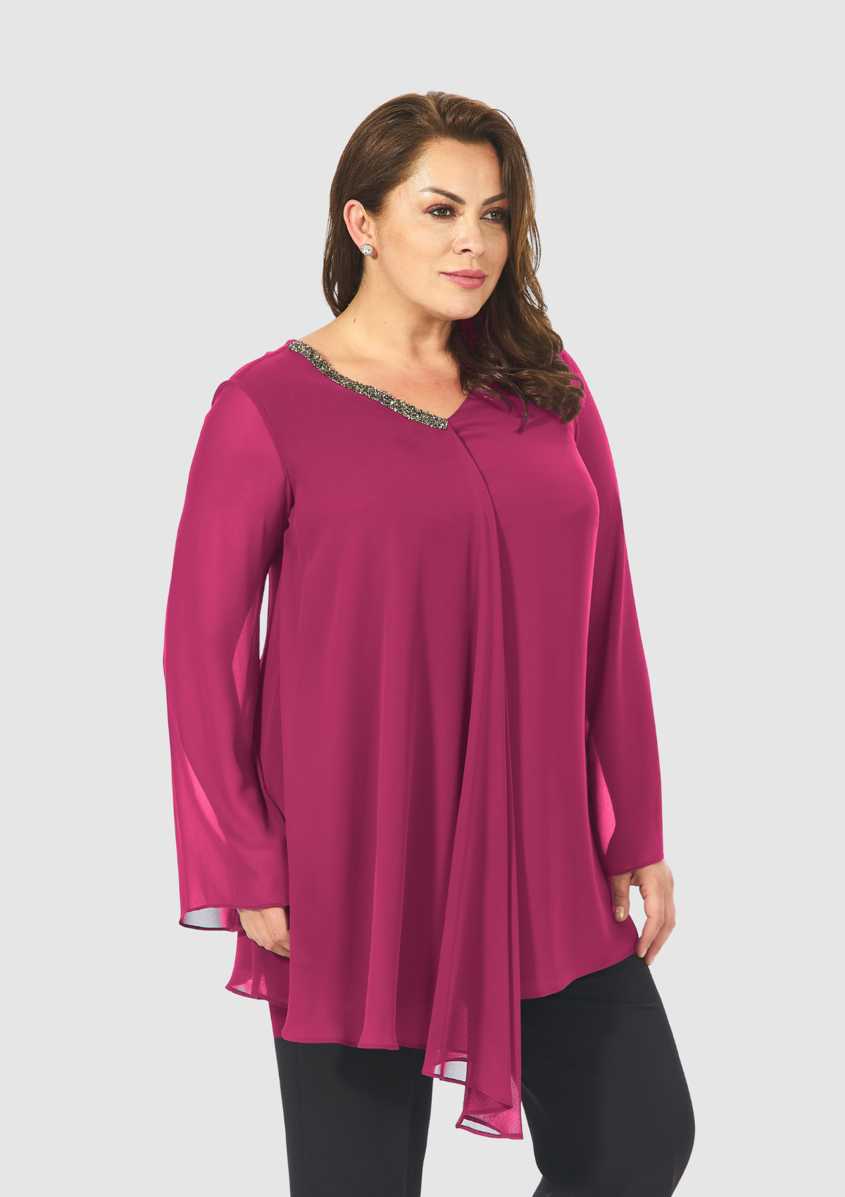 Büyük Beden Fuşya Renkli  Şifon  Abiye Bluz