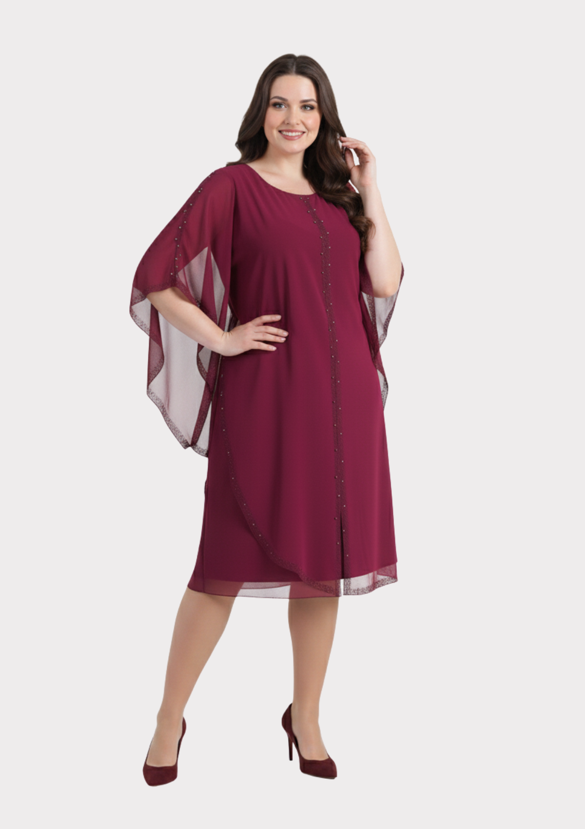 Büyük Beden Fuşya Renkli Taş Baskılı İnci Çakma Kısa Abiye Elbise