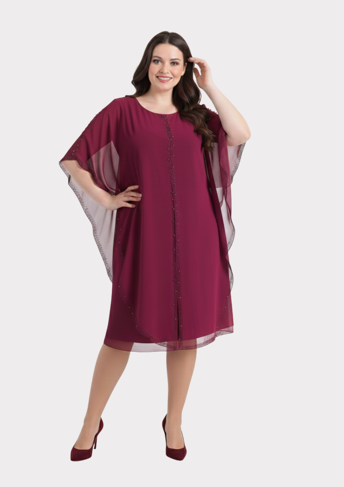 Büyük Beden Fuşya Renkli Taş Baskılı İnci Çakma Kısa Abiye Elbise