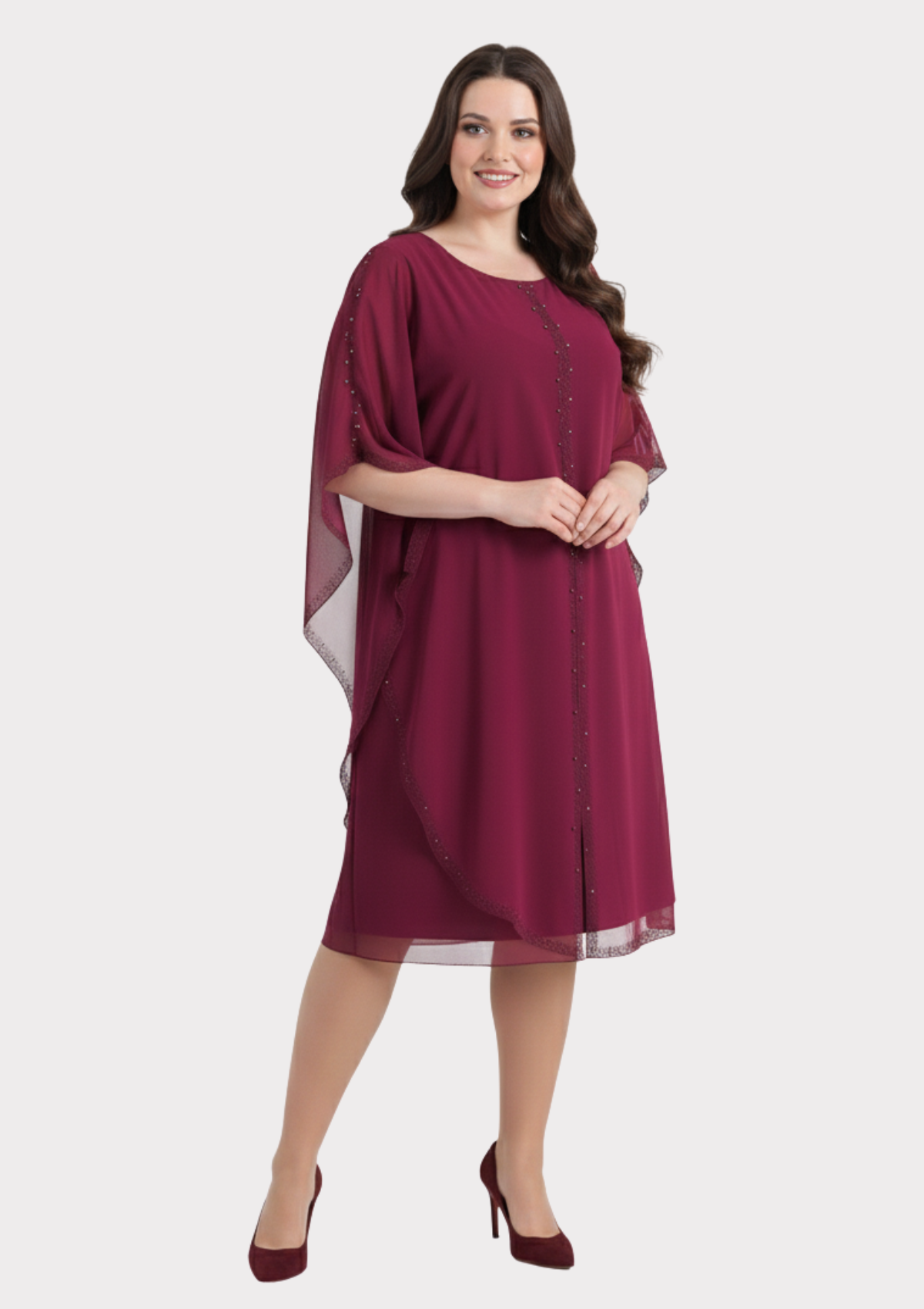 Büyük Beden Fuşya Renkli Taş Baskılı İnci Çakma Kısa Abiye Elbise