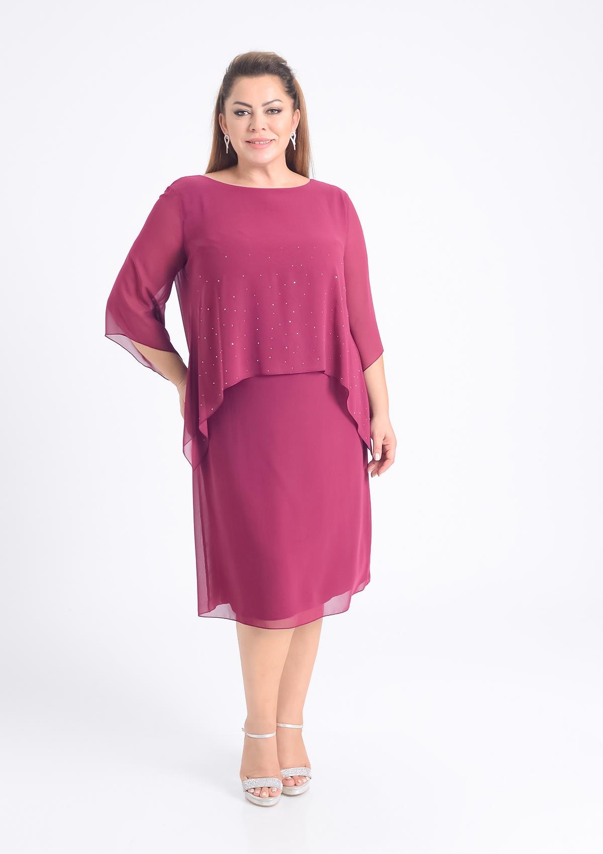 Büyük Beden Fuşya Renkli Taş Baskılı Kısa Abiye Elbise