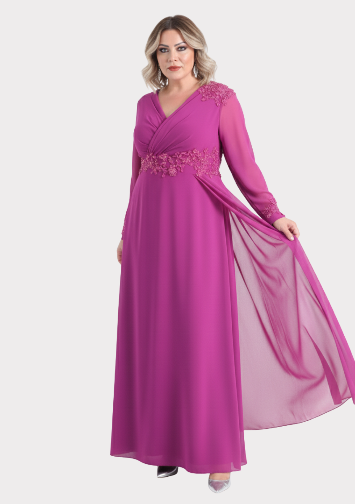 Büyük Beden Fuşya Renkli Uzun Şifon Abiye Elbise