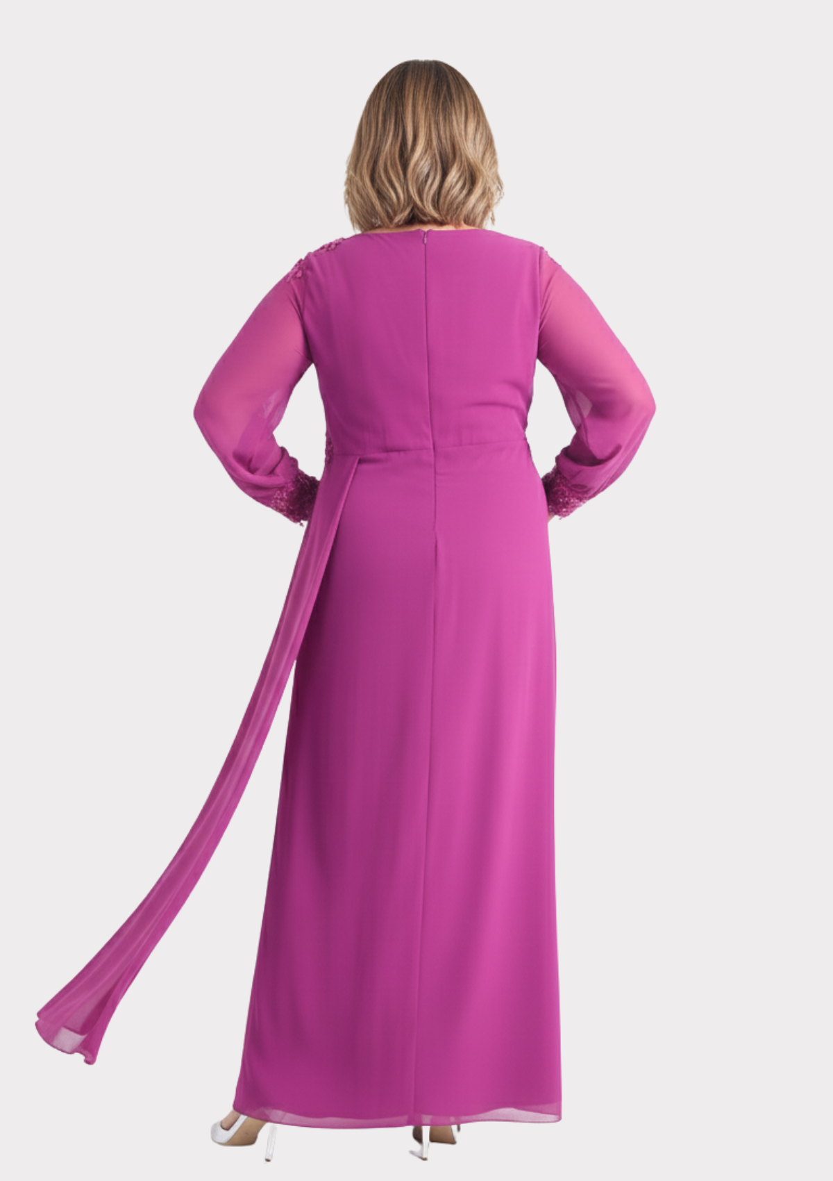 Büyük Beden Fuşya Renkli Uzun Şifon Abiye Elbise