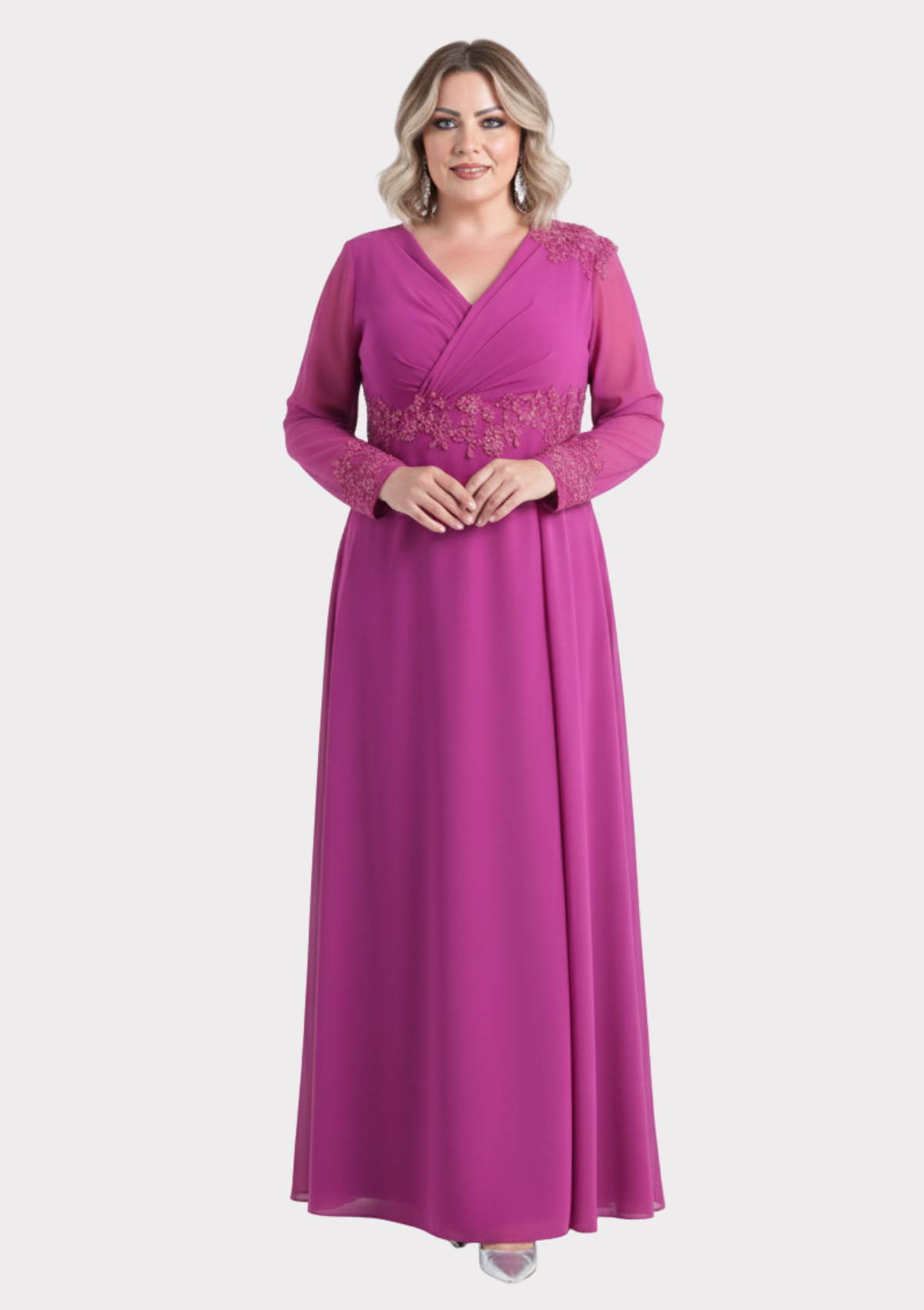 Büyük Beden Fuşya Renkli Uzun Şifon Abiye Elbise