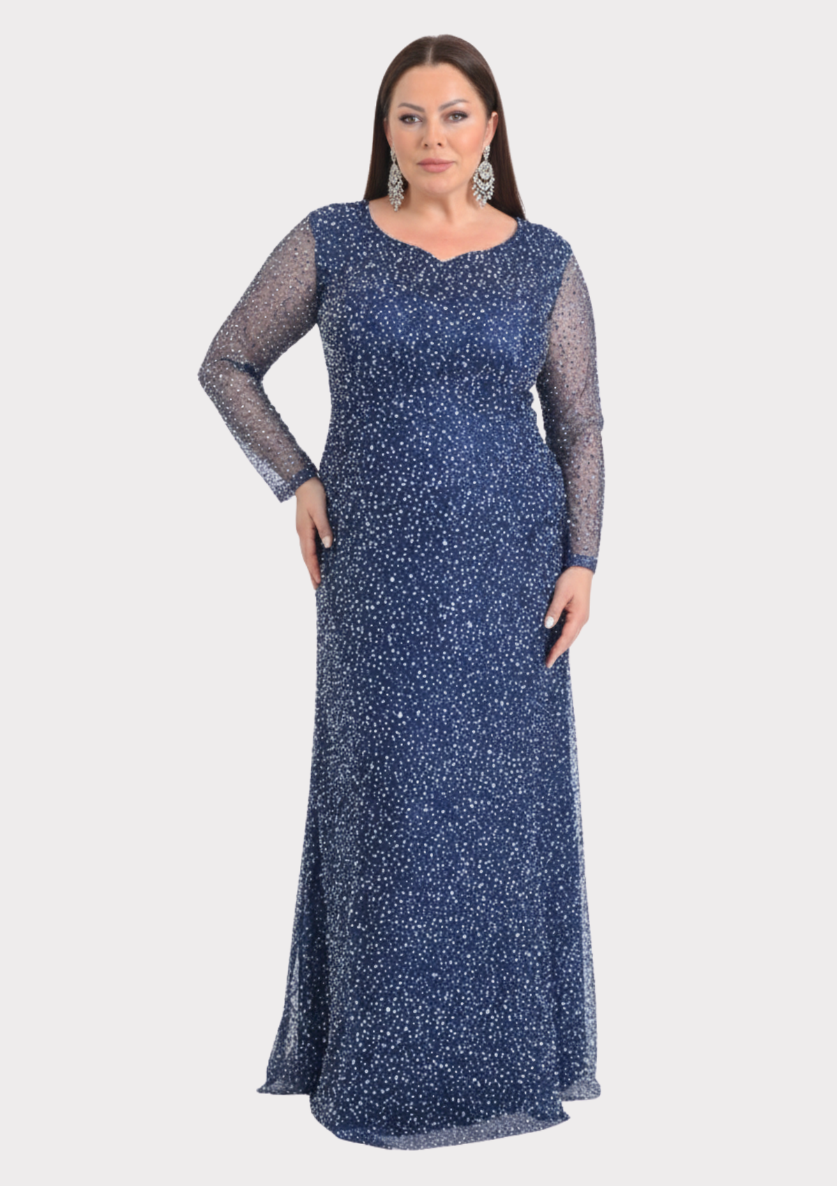 Büyük Beden Glitter Baskı Lacivert Renkli Uzun Kollu Uzun Abiye Elbise