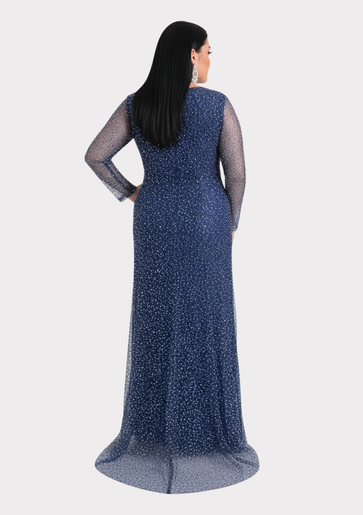 Büyük Beden Glitter Baskı Lacivert Renkli Uzun Kollu Uzun Abiye Elbise