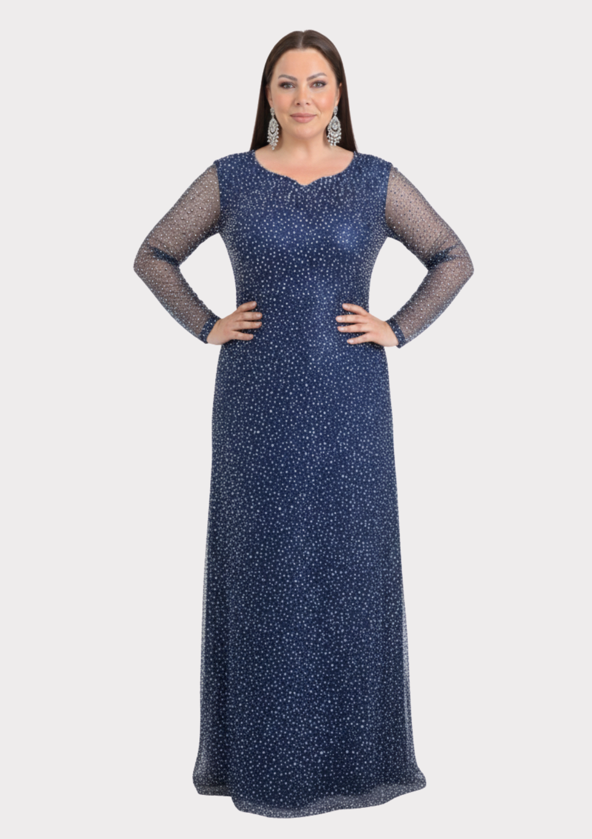 Büyük Beden Glitter Baskı Lacivert Renkli Uzun Kollu Uzun Abiye Elbise
